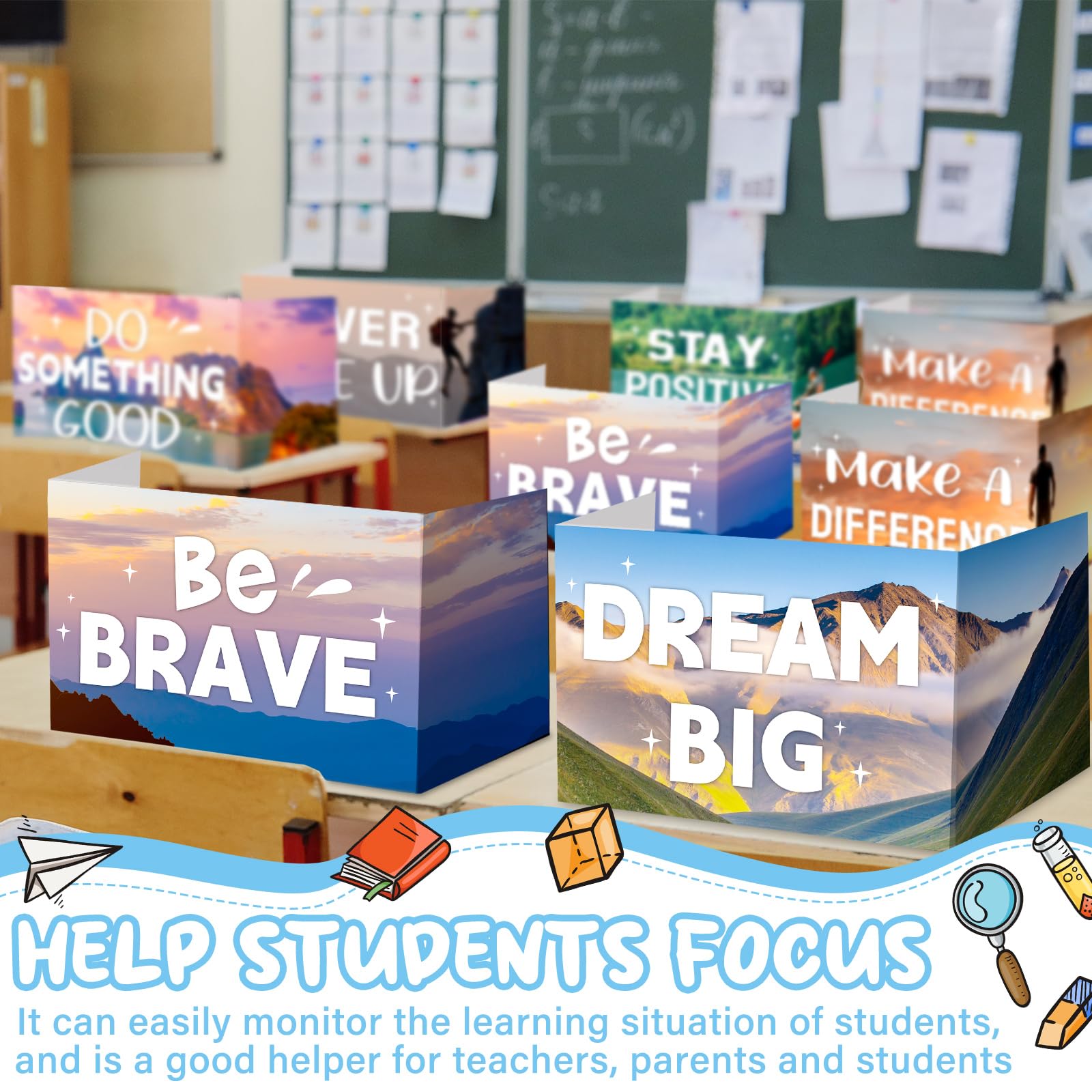 Honoson Inspirierende Sichtschutzmappen für Studenten, aus Karton, Motivationswörter, Schreibtisch-Trennwände, Schild für Klassenzimmer, Schule, Lernbedarf, 6 Stile (Szene)