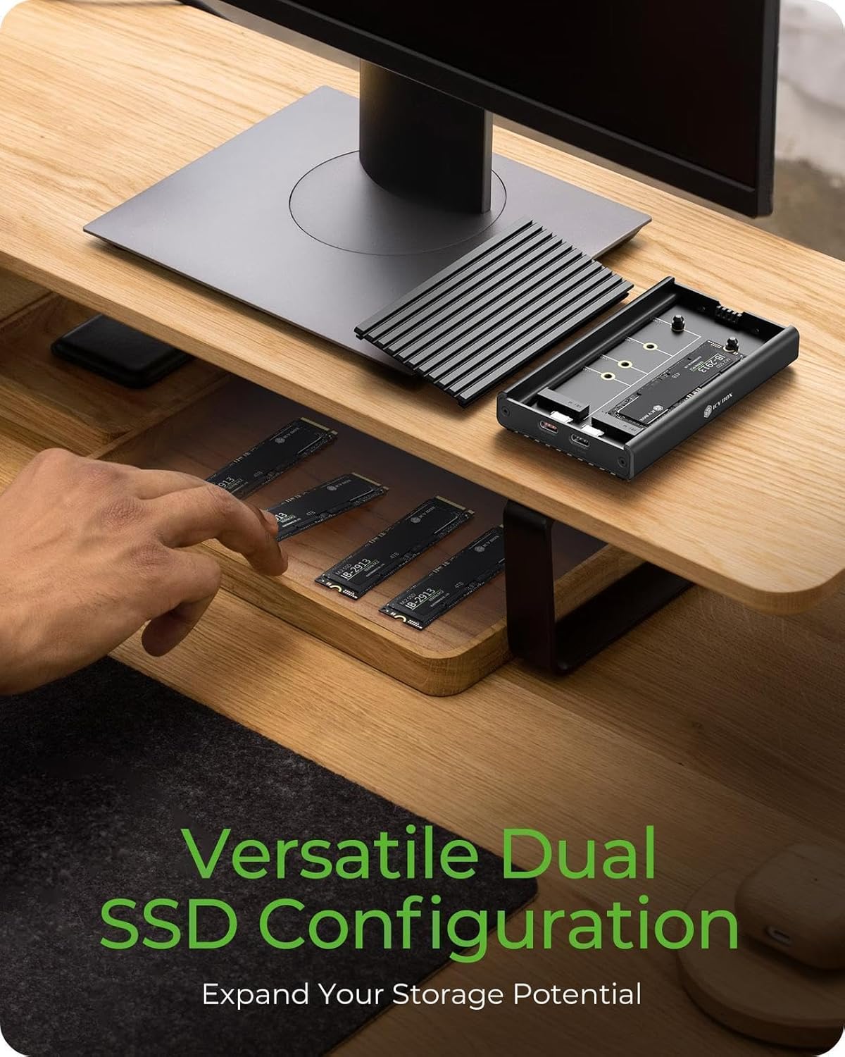 ICY Box 2-Way M.2 SSD/NVMe Enclosure, USB 3.2 Gen 2 (20Gbps), Cooling System, Dual PCIe Gen 3x2 Support, USB-C, M-Key, External, NVMe Adapter, Aluminium, Black