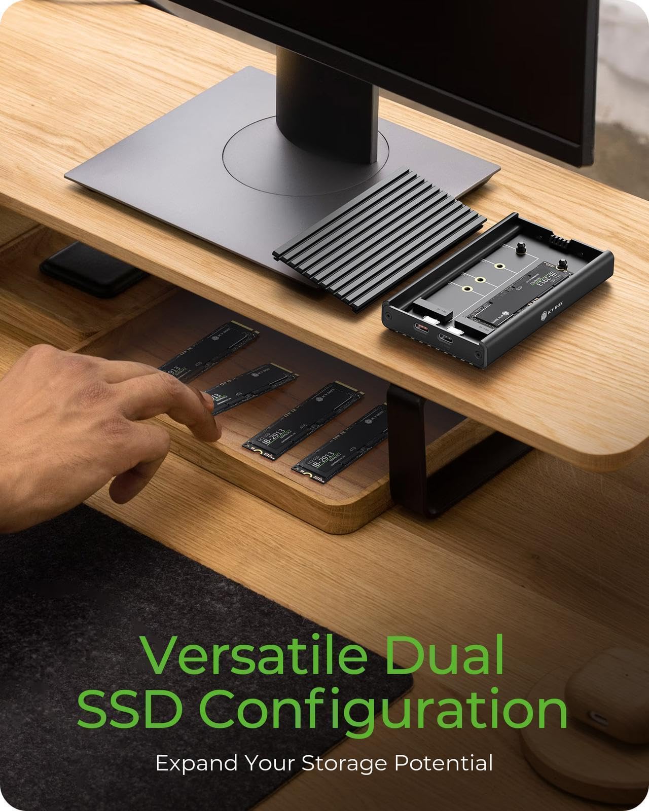 Icy Box 2 Puertos M.2 SSD / NVMe, USB 3.2 Gen 2 (20 Gbps), Sistema de refrigeración, Soporte Dual PCIe Gen 3x2, USB-C, M-Key, Externo, Adaptador NVMe, Aluminio, Negro