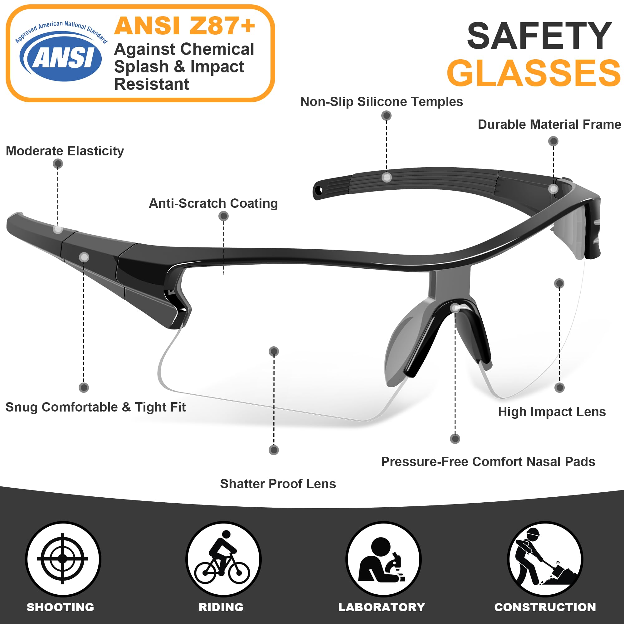 Occhiali di sicurezza da uomo, anti-graffio, conforme alla norma ANSI z87+, protezione UV, protezione in gomma antiscivolo