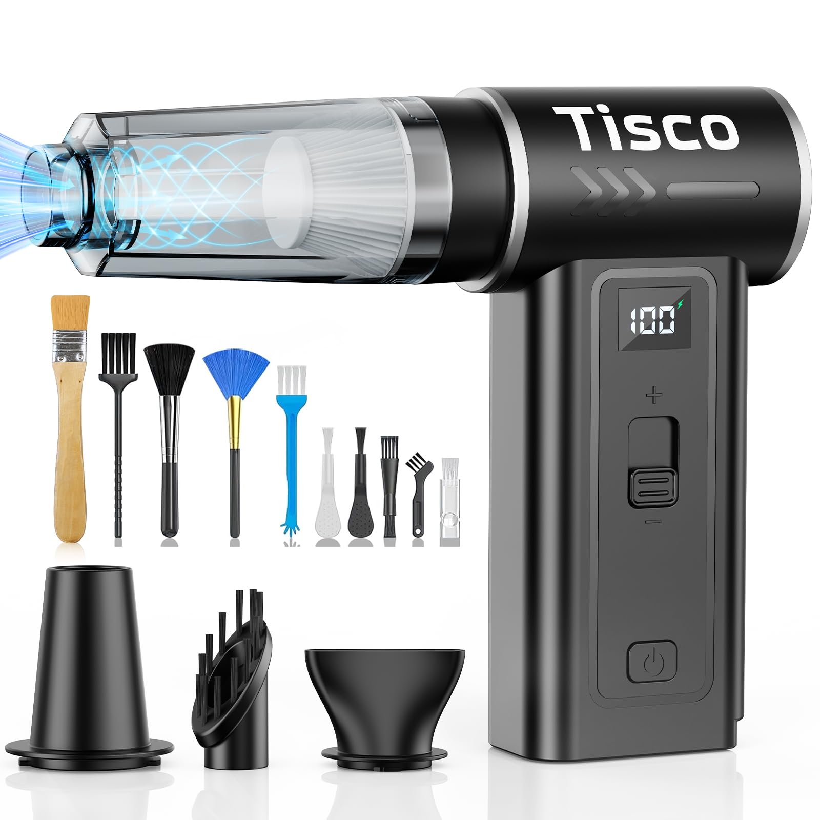 Tisco Compressed Air Duster, 130000RPM, 8000mAh Long-Lasting Battery, Stepless 0-100% Speed, 48m/s Wind Speed, Eco-Friendly Rechargeable Blower for PC, Keyboard, Car & Home Cleaning