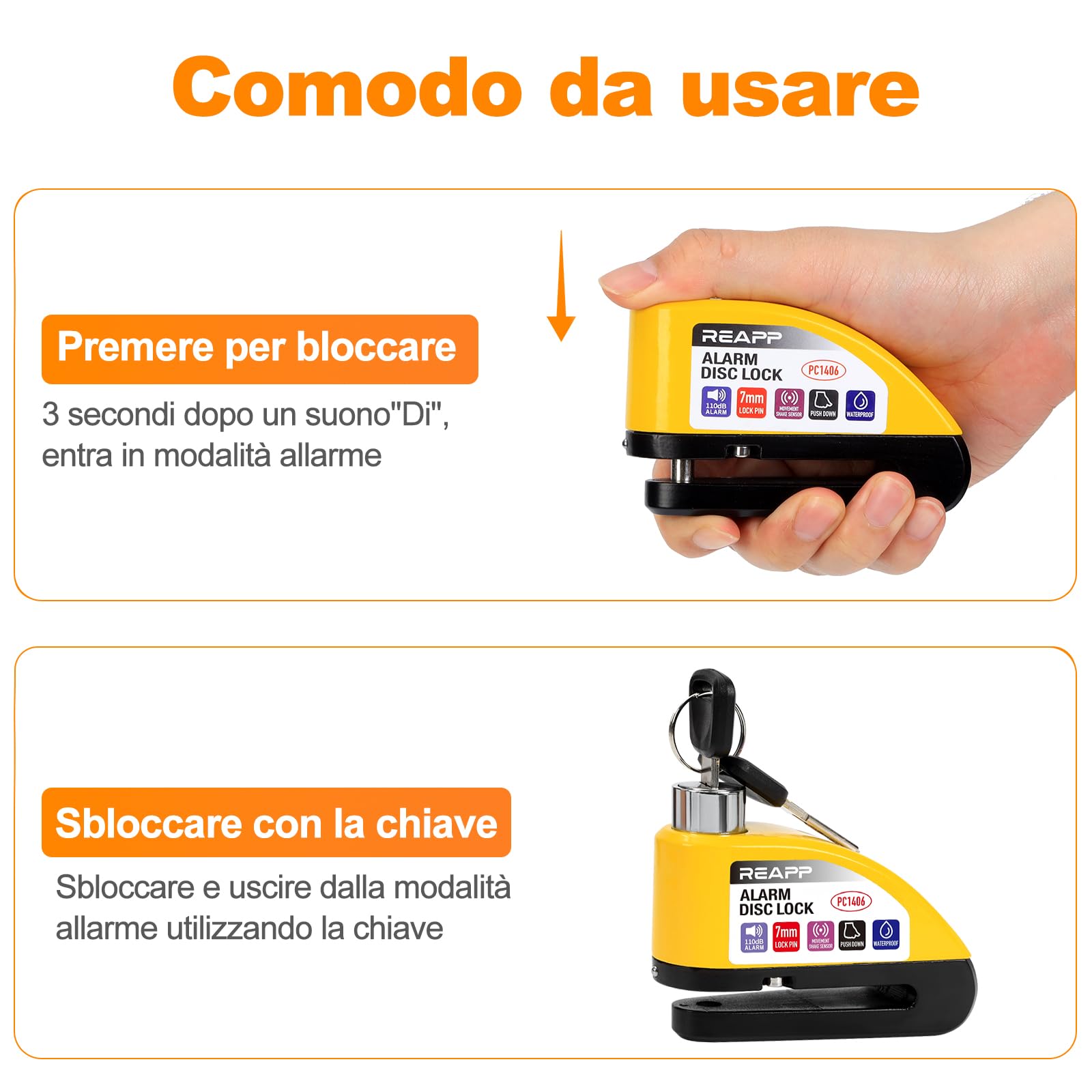 REAPP Bloccadisco Moto Lucchetto Moto Antifurto con Allarme Sonoro 110DB, Blocca disco Protezione Antifurto per Bici Motorino Moped Motocross, Accessori con 2 chiavi und 1.5m Reminder
