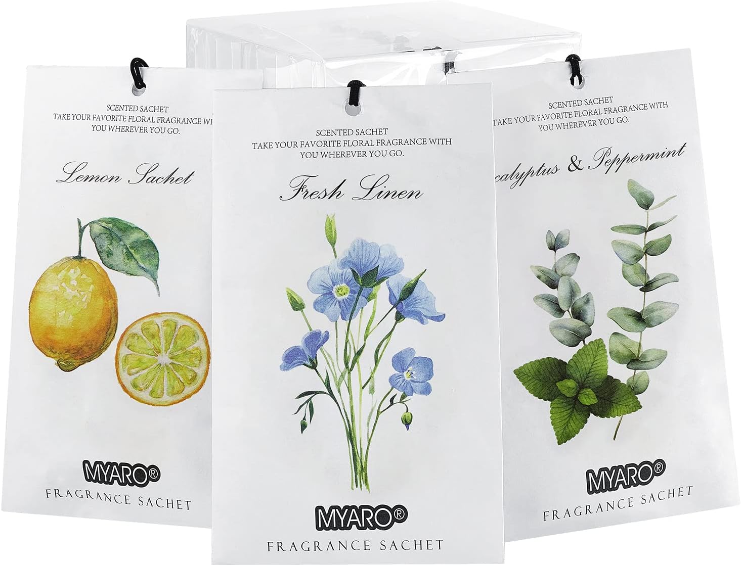 MYARO 12 Packs Scented Sachets for Drawer and Closet, Long-Lasting Closet Deodorizer Freshener, Potpourri Bags Room Scents Smell Goods for House 3 Scents - Fresh Linen, Eucalyptus Peppermint, Lemon