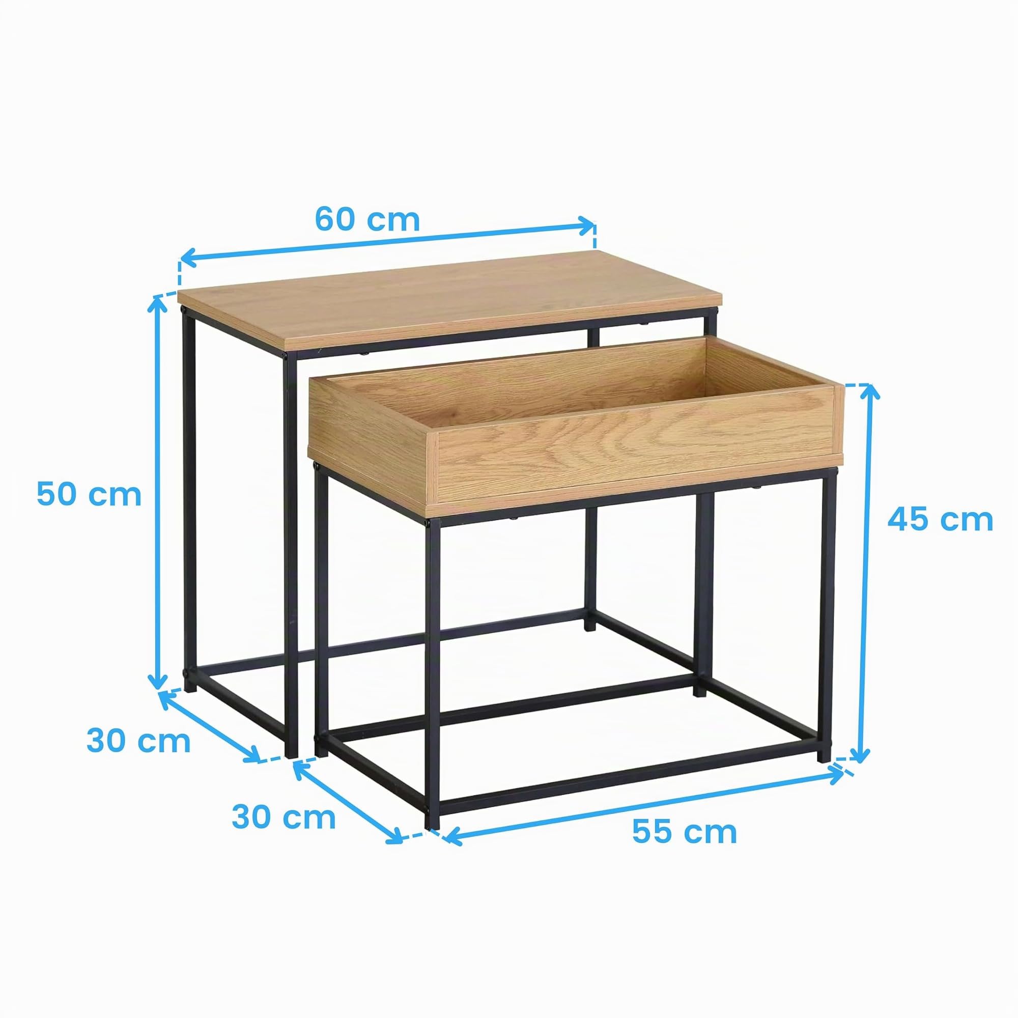 Miroytengo Juego 2 Mesas de Centro Auxiliares, Mesa Nido 2 Niveles Geri Roble Cambrian y Negro con Mesa Grande y Pequeña 60x50x30 cm y 55x45x30 cm