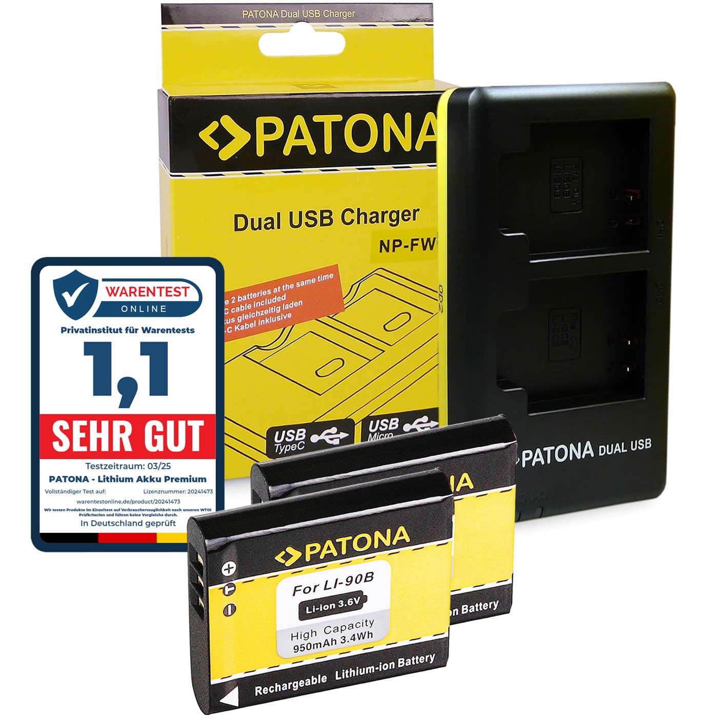 PATONA Chargeur Double avec 2X Batterie de Rechange pour Olympus Li-90b, Li-92b Battery Compatible avec Olympus Tough TG-6 TG-5 TG-4 TG-3 TG-2 TG-1 Stylus XZ-2