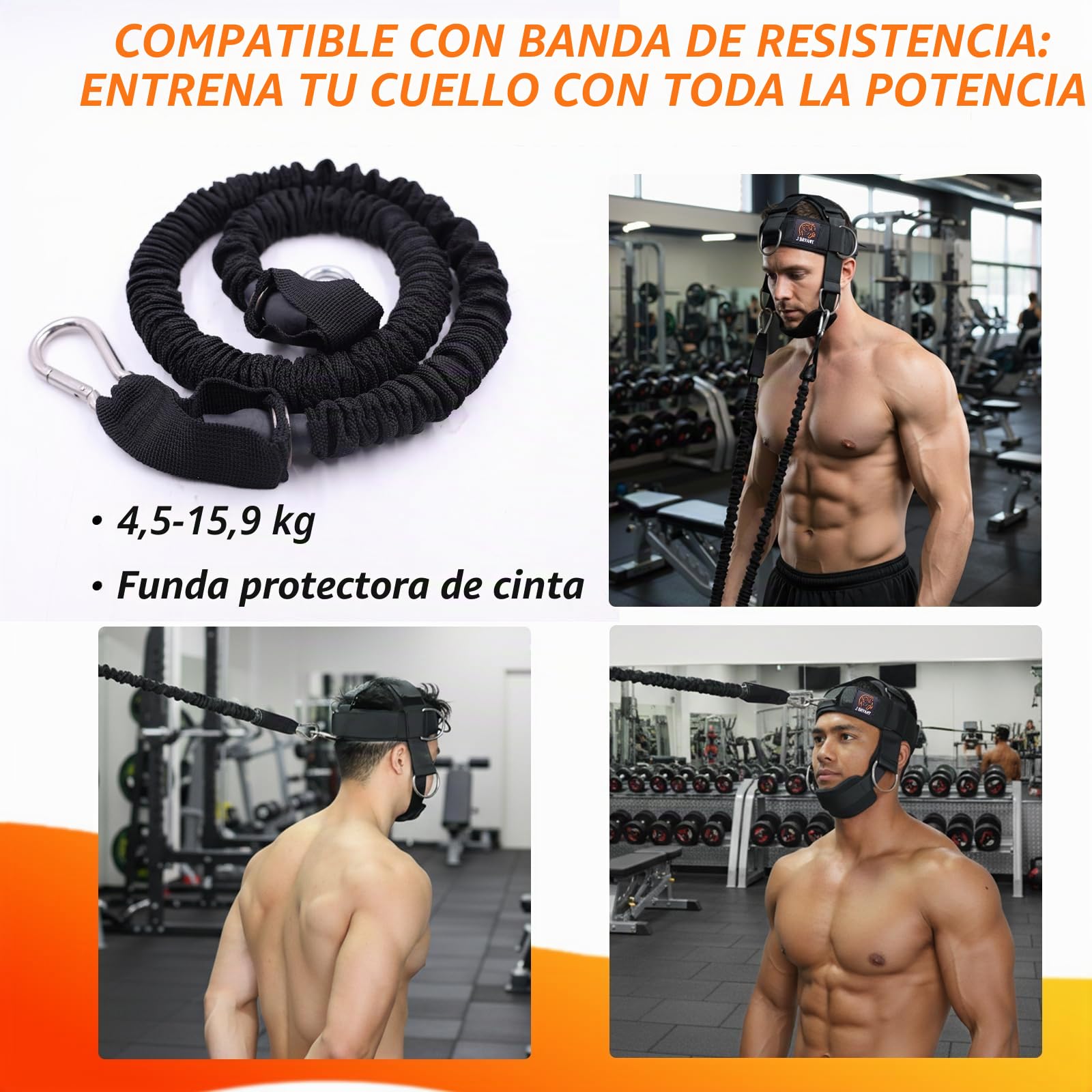 J Bryant Arnés de cuello con banda de resistencia – Entrenador de fuerza de cuello de 360° para gimnasio y entrenamientos en casa, arnés de cabeza ajustable con correa de barbilla (sistema de polea)