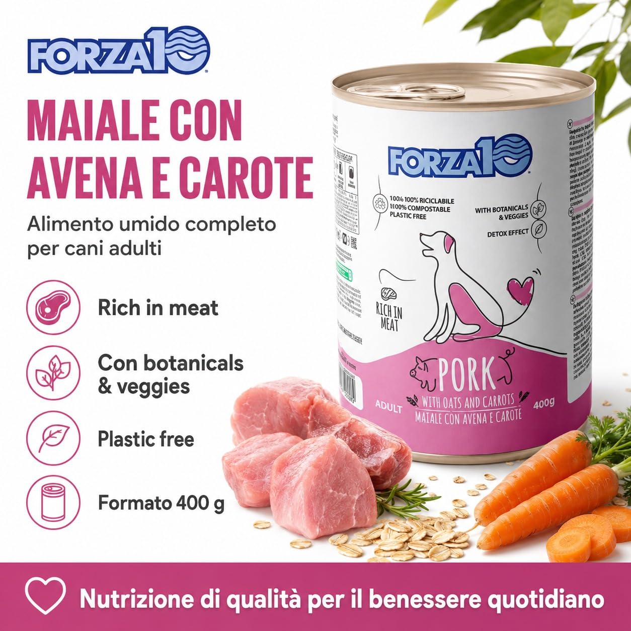 Maiale,Avena e Carote – Forza10 Cibo Umido per Cani Adulti di tutte le Taglie e Razze, Monoproteico, 12 Lattine x 400g, Alimento Completo Ricco in Carne.