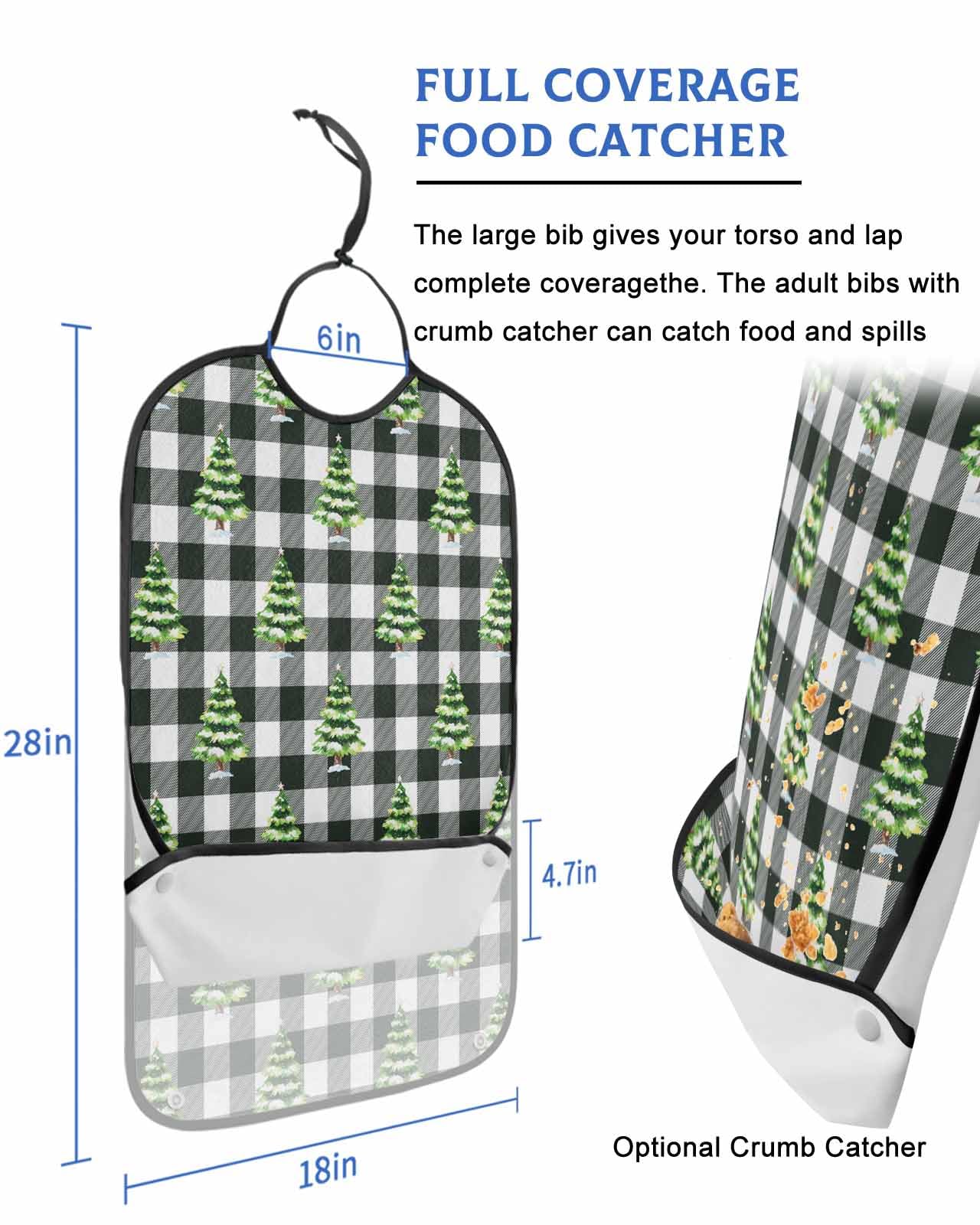 Onekaccu Christmas Tree Green Adult Bibs for Elderly Women Men Washable Bibs for Eating, Black White Buffalo Plaid Waterproof Clothing Protectors Adult Bibs with Crumb Catcher
