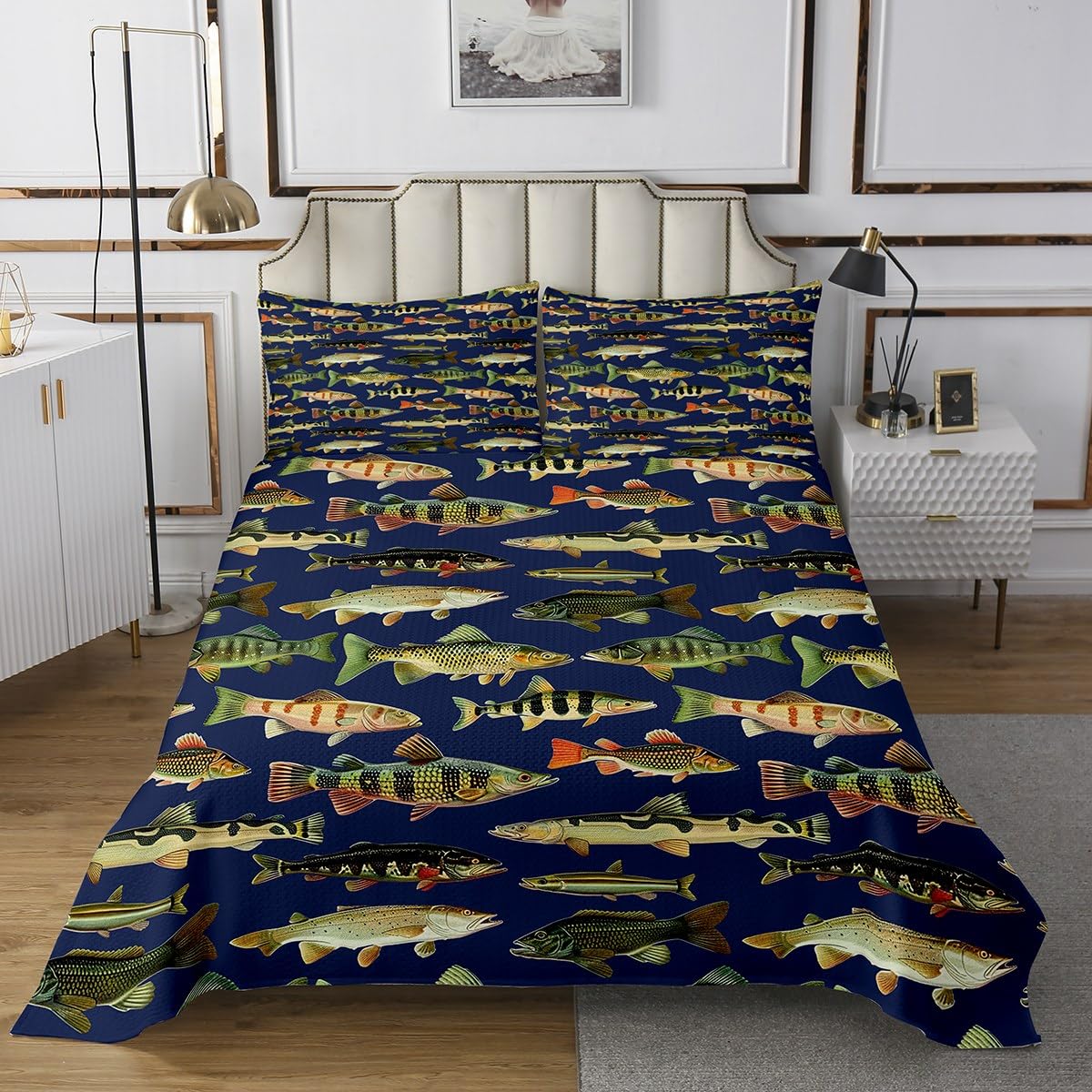 Feelyou Bass Fish Bedspread King Size Fishing and Hunting Coverlet Set for Kids Boys Girls Rustic Cabin Country Quilted Coverlet,Microfiber