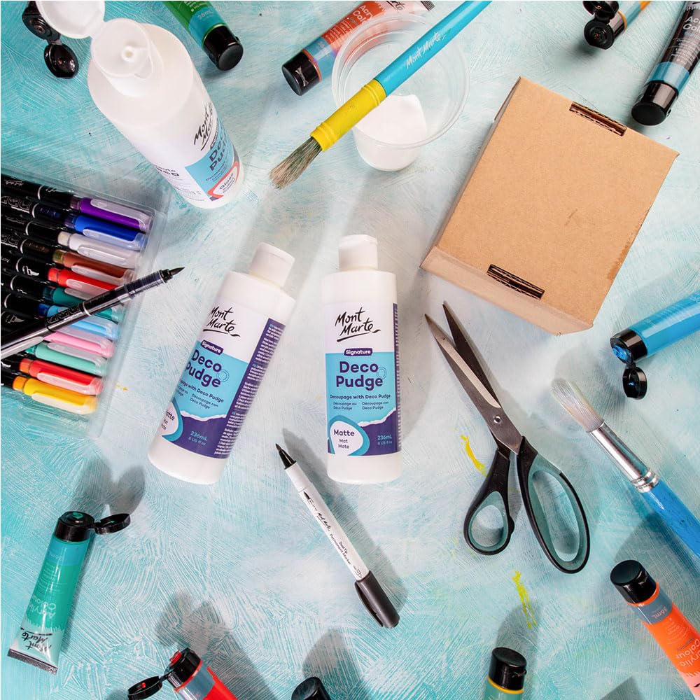 Mont Marte Deco Pudge Craft Varnish Signature 236ml (8 US fl.oz) – Matte, Multi-Purpose Clear Craft Sealer, Varnish and Decoupage Glue, Ideal for Acrylic Paints, Paper, Wood, Ceramics, Fabrics, Clay