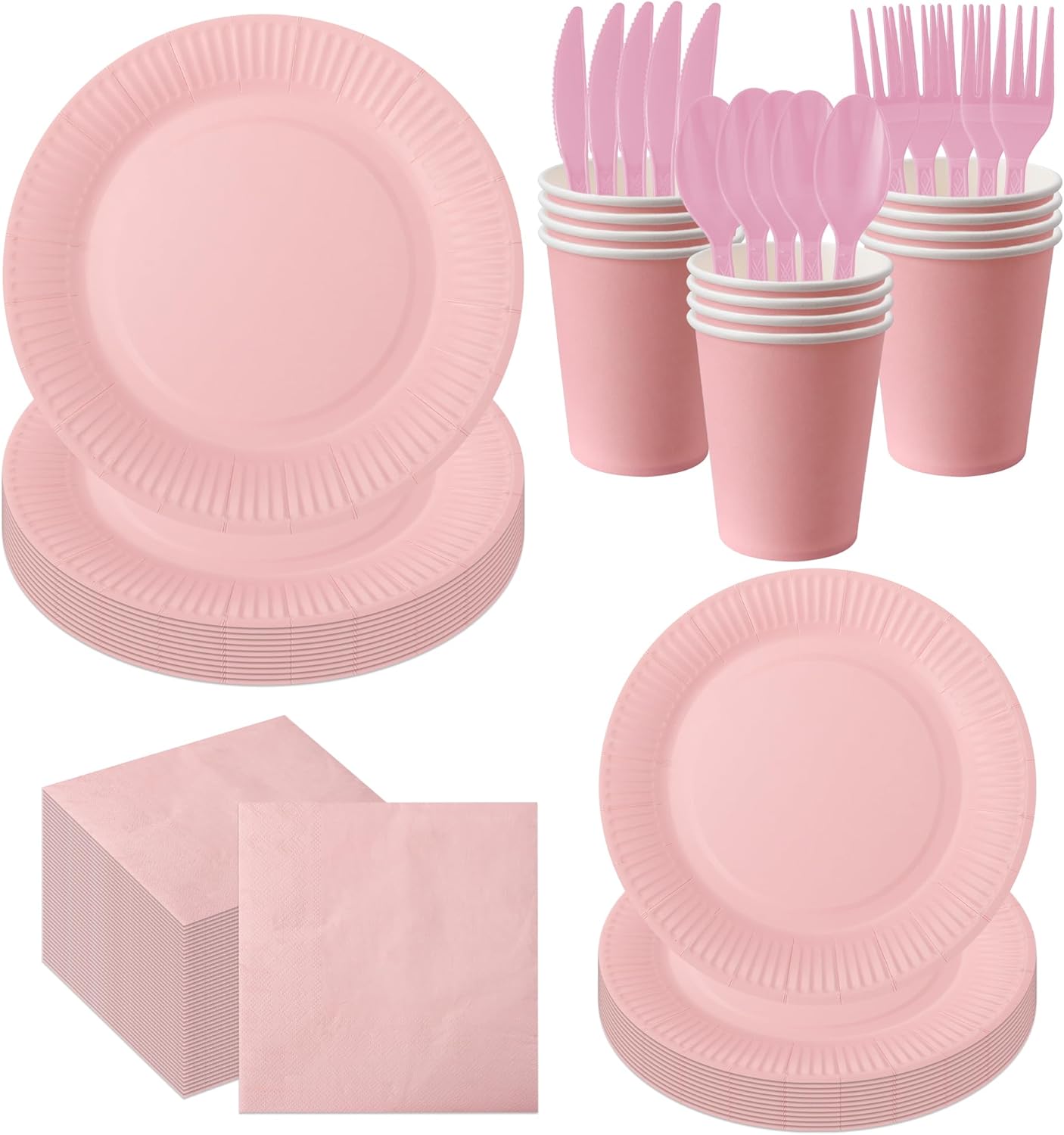 210pcs Paper Plates Disposable Tableware Party Supplies -Plastic silverware, paper cups and plates Serves 30 (pink)