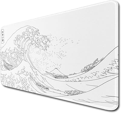 llsxi Large Gaming Mouse Pad with Stitched Edges,Non-Slip Base Desk Pad,White Wave of Japanese Kanagawa Mouse Pad,XXL 15.7x35.4 inch Extended Keyboard Pad Long Desk Pad for Office and Game