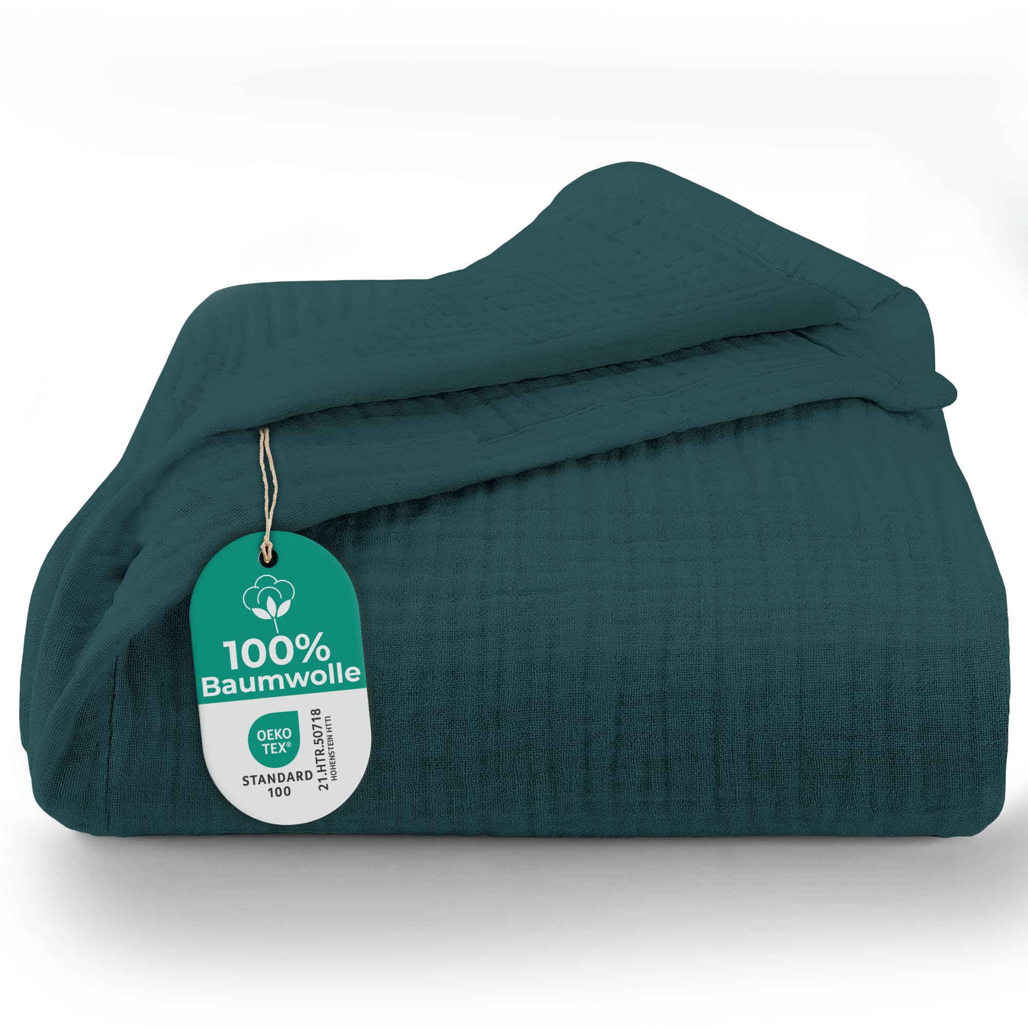 Dreamzie Musselin Tagesdecke 150x200 cm – Baumwolldecke Oeko-Tex Zertifiziert – Atmungsaktive Kuscheldecke – leichte Kuscheldecke Baumwolle als Sofa-, Bett- & Couchüberwurf – Petrolgrün