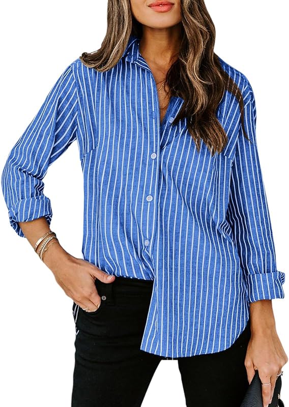 siliteelon Striped Button Down Shirts Women Cotton Long Sleeve Work Blouses | Dress Shirts for Women Business Casual, Collared Wrinkle Free Dressy Casual Blouses, Professional Office Formal Outfits