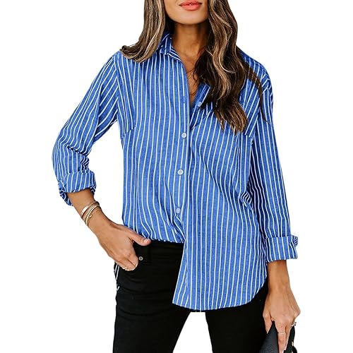 siliteelon Womens Button Down Shirts Cotton Striped Dress Shirt Long Sleeve Collared Office Work Blouses Tops - Blue Striped XXL