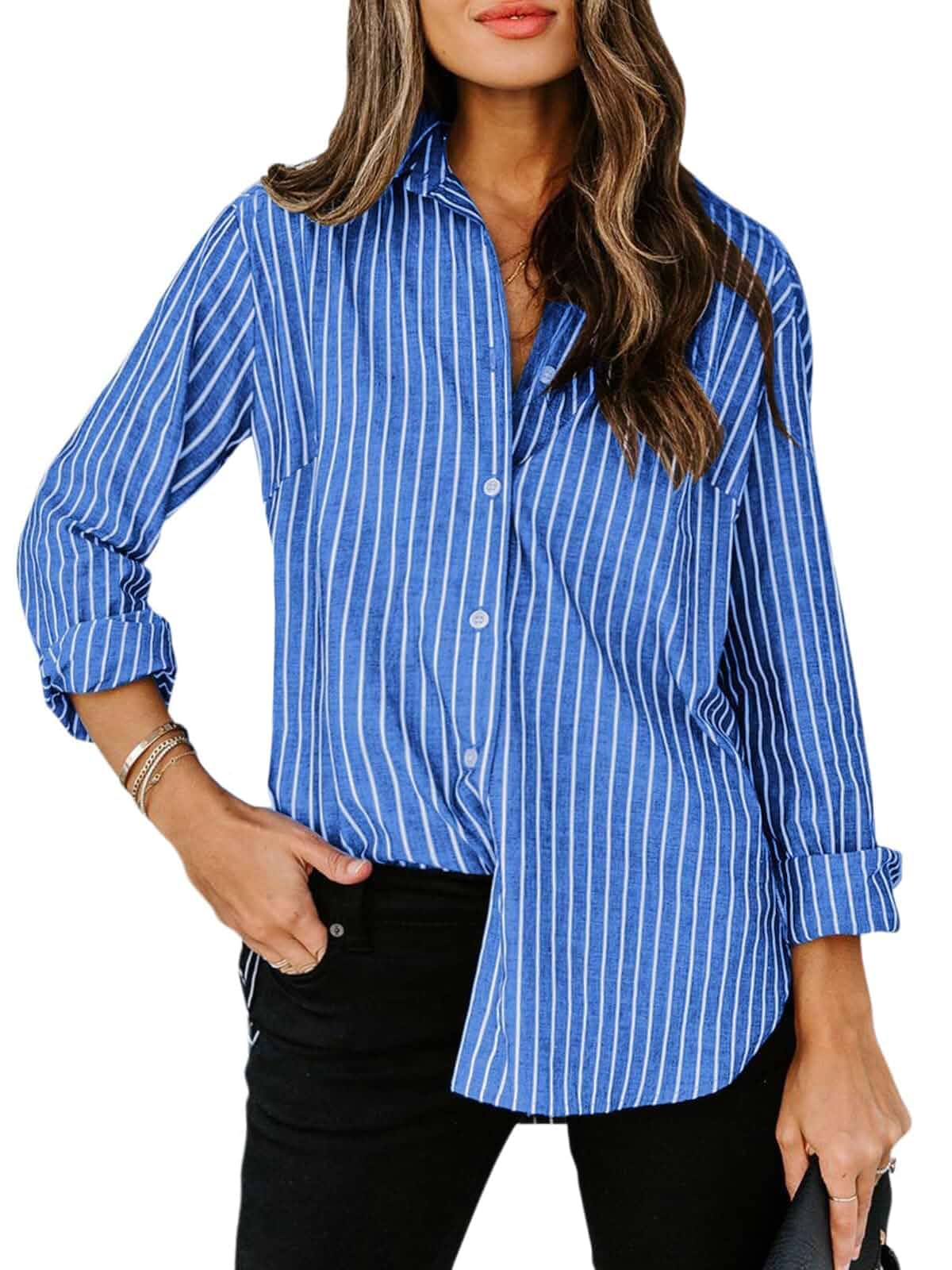 siliteelon Striped Button Down Shirts Women Cotton Long Sleeve Work Blouses Dress Shirts for Women Business Casual, Collared Wrinkle Free Dressy Casual Blouses, Professional Office Formal Outfits
