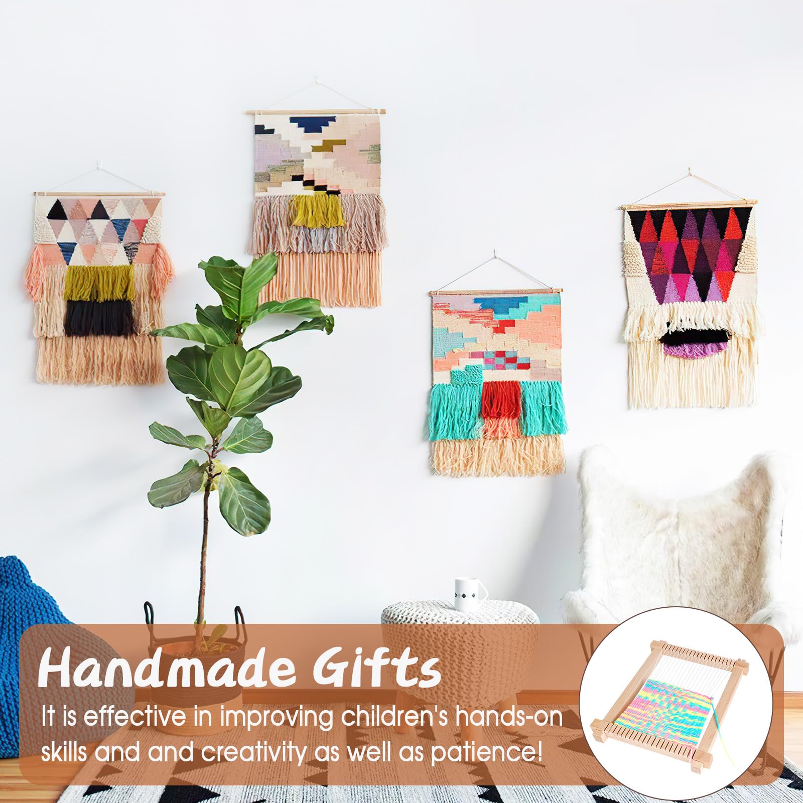 Telar de Madera niños, 28*24cm Telar de Madera para Tejer Con Lanzaderas/Peine/4 Carretes de Hilo de Lana, Kit de Marco de Madera para Tejer para Hacer Alfombras, Posavasos, Adornos de Pared, Bufandas