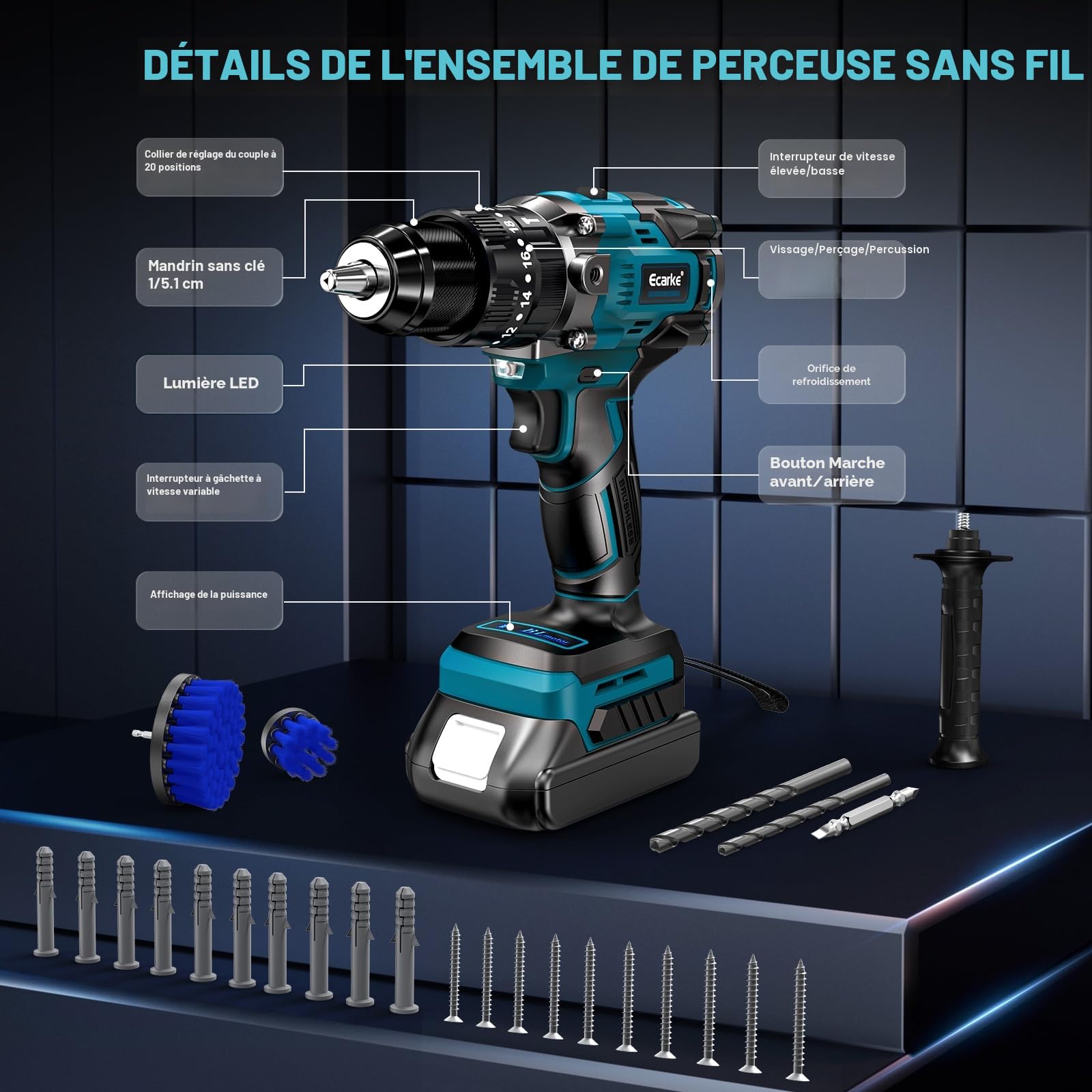 Ecarke 90Nm Visseuse Devisseuse Compatible avec Makita 18V Batterie | 2150 tr/min, Sans Fil, 2 Niveaux de Réglage, Lumières LED, Perceuse Visseuse pour Percer et Visser(Sans Batterie）