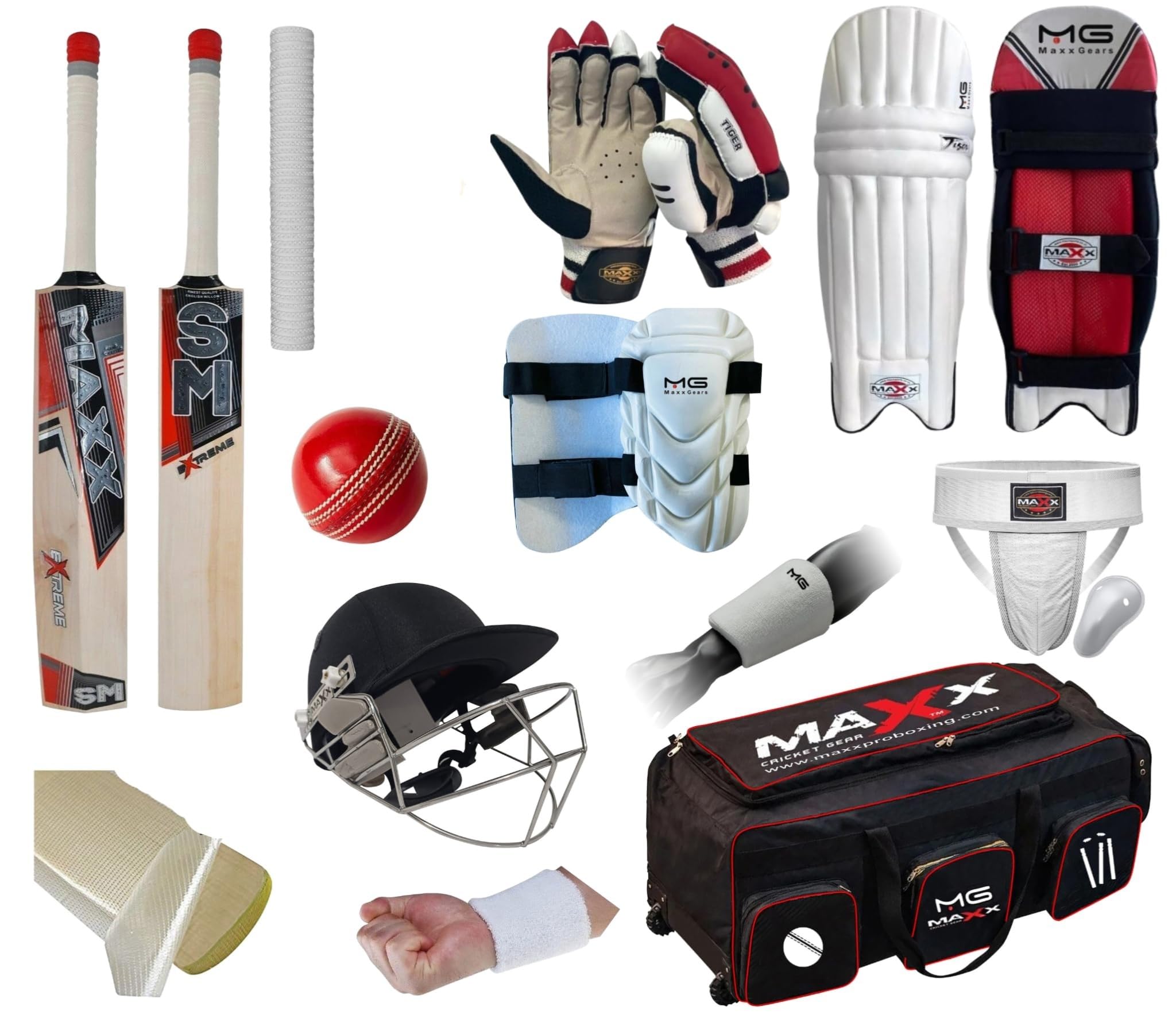 Maxx Premium Cricket Gear Set for Local Players, English Willow Bat, 2.8-2.16 lbs, With Kit Bag Mallet and Cone Included (13PCS SET RIGHT HAND WITH WHEEL BAG, 2.15LB)