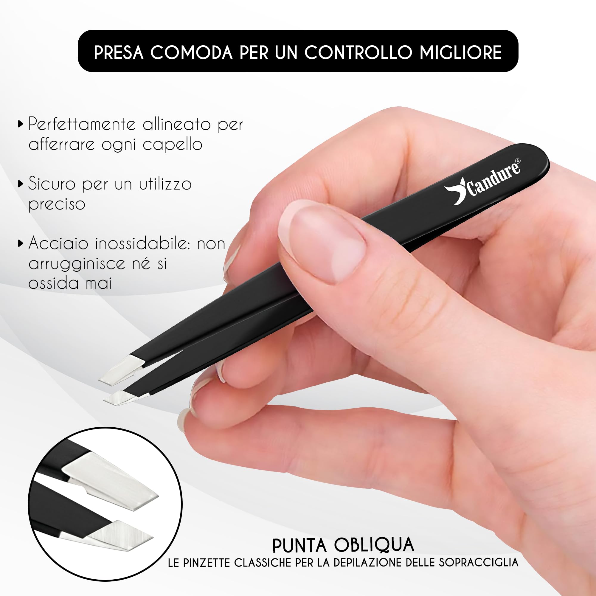 Candure Pinzette Sopracciglia Professionale Acciaio Inox Pinza Peli Incarniti Precisione Pinzetta per Tirare Antiscivolo Punta Obliqua Pinze per Uomini e Donne (Nero-1 Pezzo) - 3