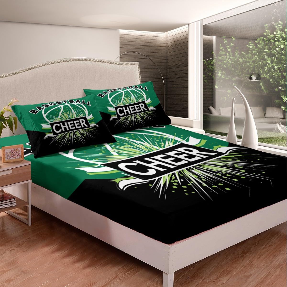 jejeloiu Basketball Fitted Sheet Queen Size Kids Sports Game Bedding Set for Boys Girls Teens Black Green Bed Sheet Set