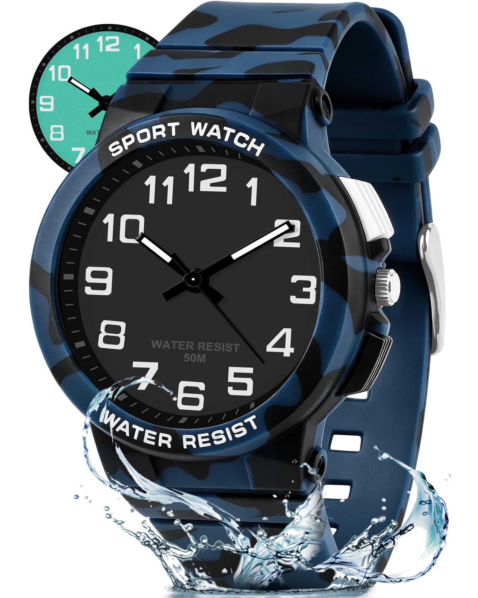 Juboos Kinderuhr Analog, 50m wasserdicht, Großes Acrylzifferblatt gut lesbar mit Vollbildlicht, Weiches Armband, für Kinder von 5 bis 16 Jahren, Hilft beim Uhrzeit Lernen