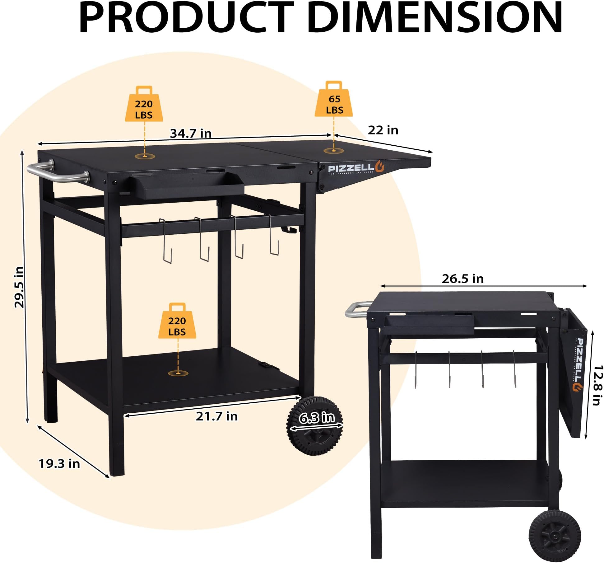 PIZZELLO Outdoor Grill Cart Double-Shelf Grill Table Foldable Tabletop Movable Food Prep Pizza Carts Outside Kitchen Pizza Oven Stand Trolley with 2 Wheels, Hooks