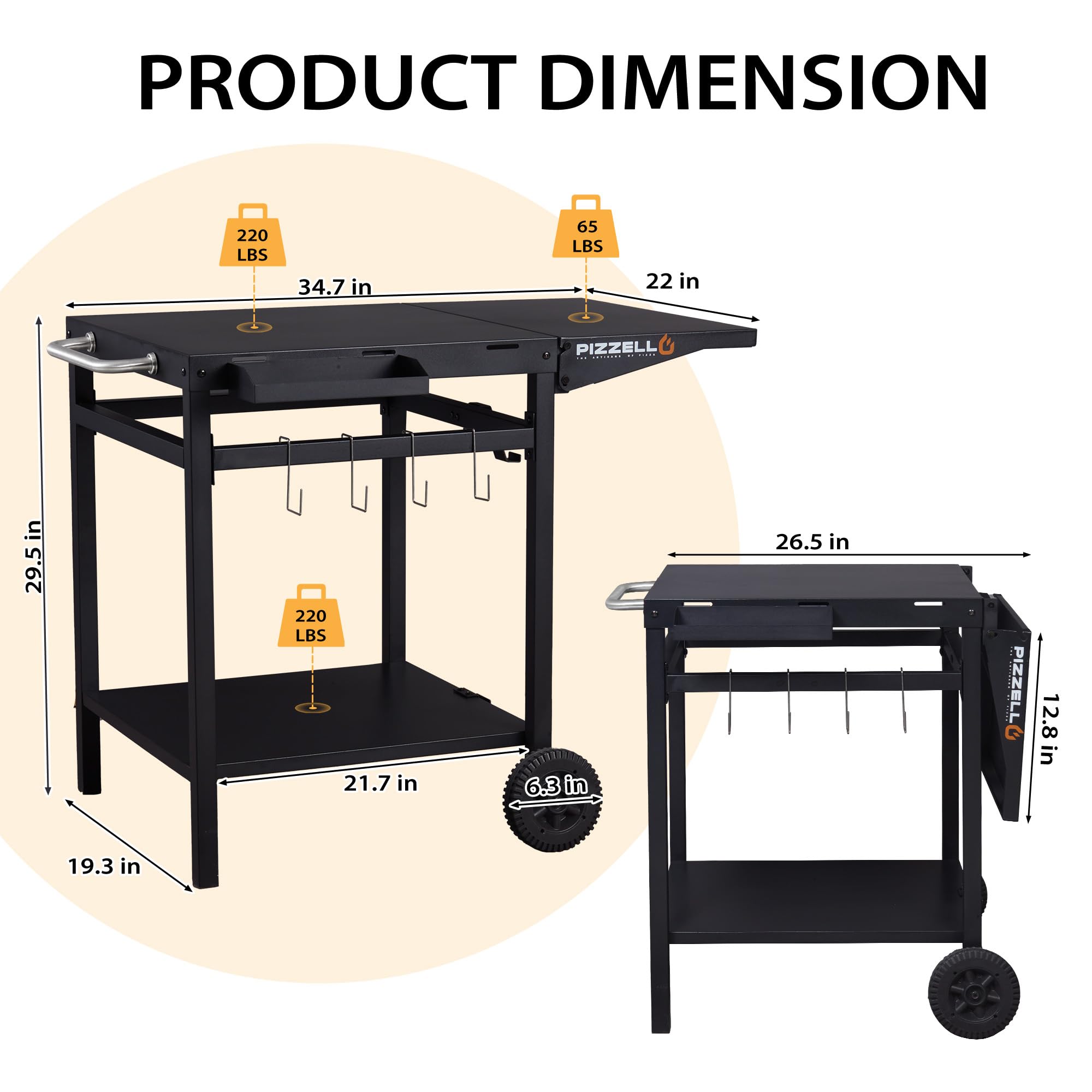 PIZZELLO Outdoor Grill Cart Double-Shelf Grill Table Foldable Tabletop Movable Food Prep Pizza Carts Outside Kitchen Pizza Oven Stand Trolley with 2 Wheels, Hooks