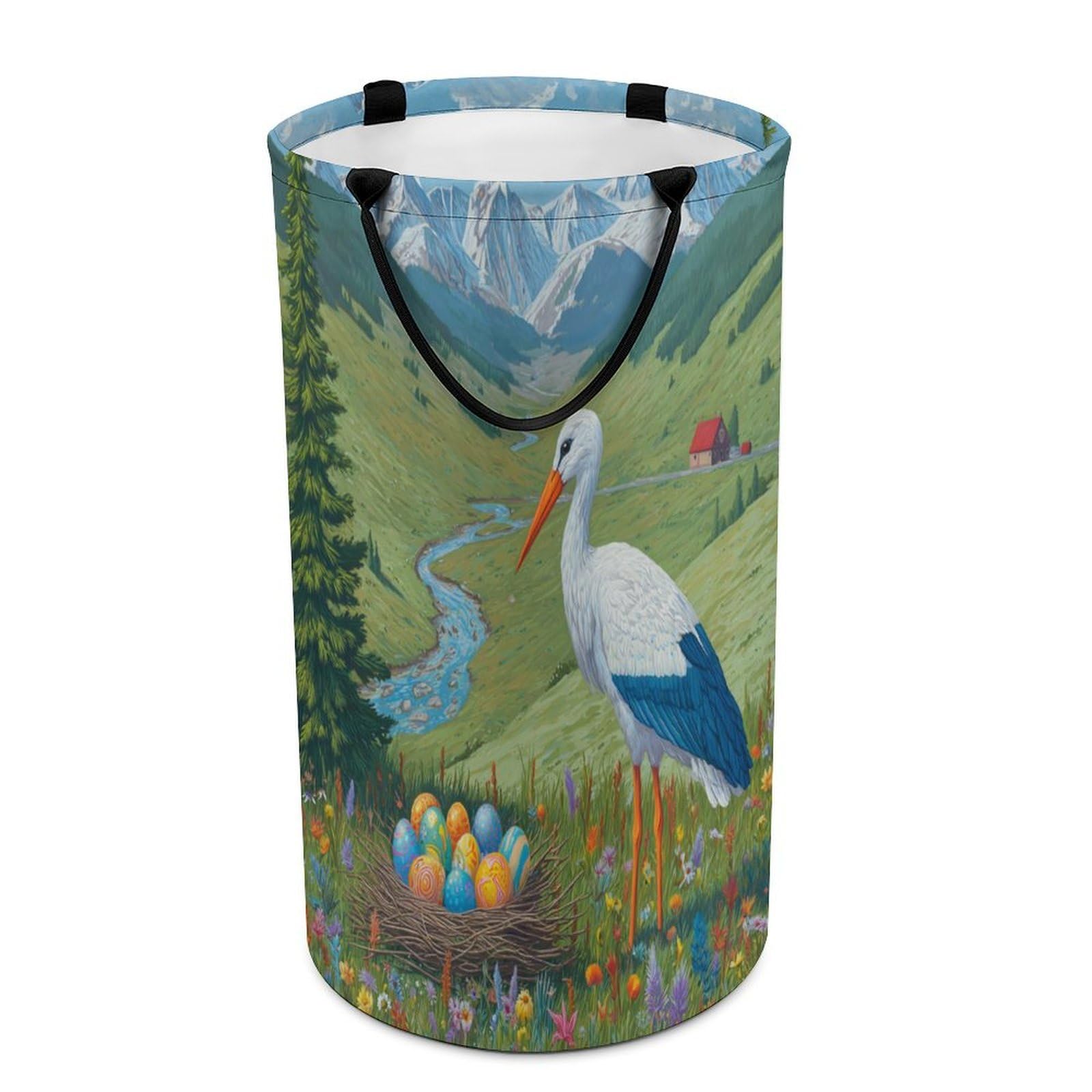 LUYYSKY Classic Rustic Bird Crane Collapsible Dirty Clothes Basket, Retro Oil Painting Spring Landscape Colorful Eggs Animal Crane Portable Clothes Storage Basket