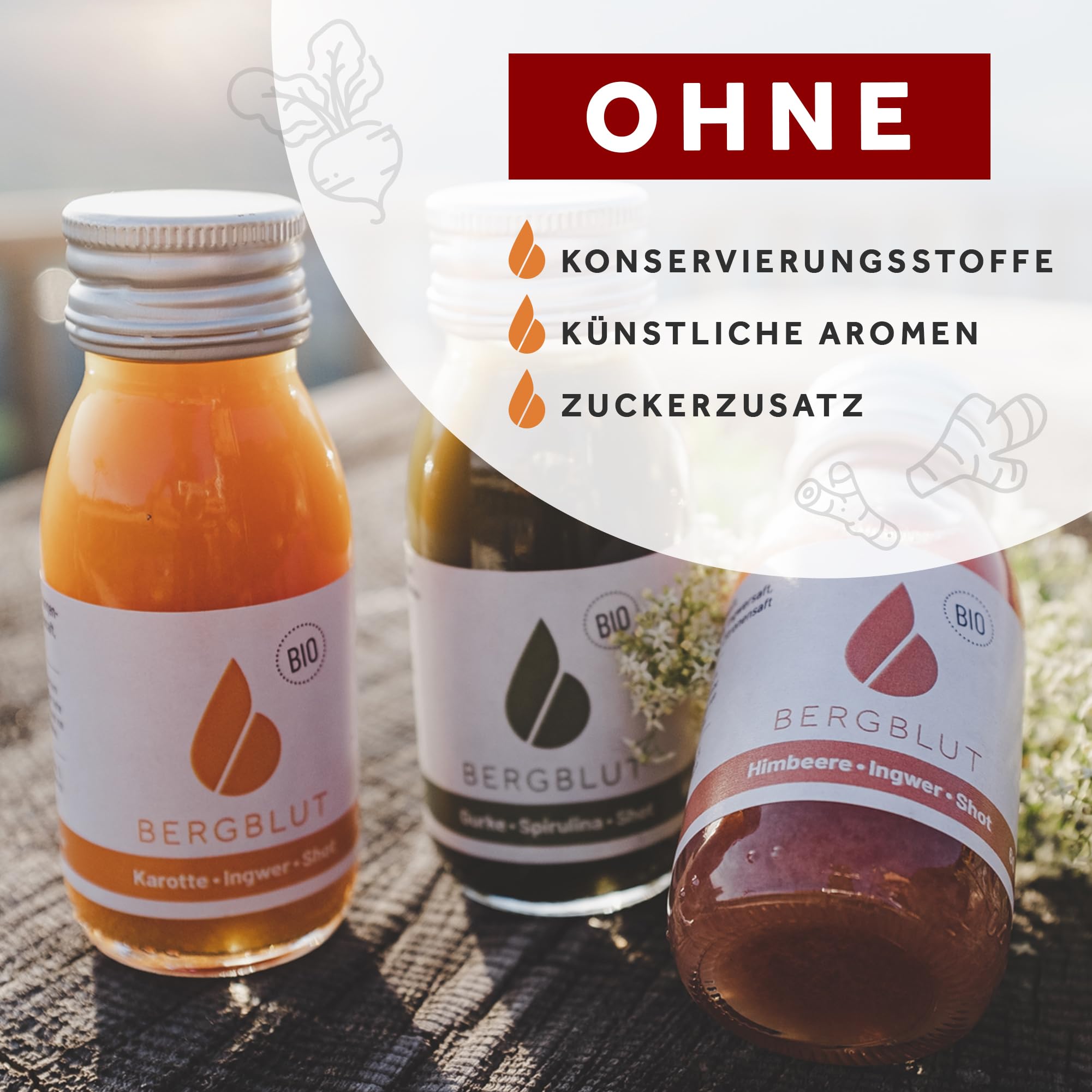 Bergblut Ingwer Shot Mix Box | 7 x 60 ml Bio Shots in verschiedenen Sorten | Direktgepresst & Ohne Zusatzstoffe | Ingwershot Vegan & 100 % natürlich | Saftkur Alternative