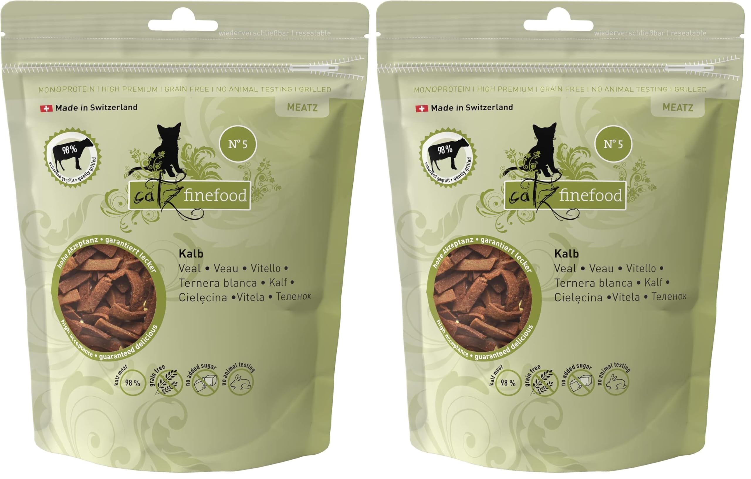 catz finefood Meatz Katzen Leckerlies Kalb N° 5 - knusprige Streifen aus Kalbfleisch - gegrillt und getrocknet - Katzensnack ohne Zucker, getreidefrei, 45g (Packung mit 2)