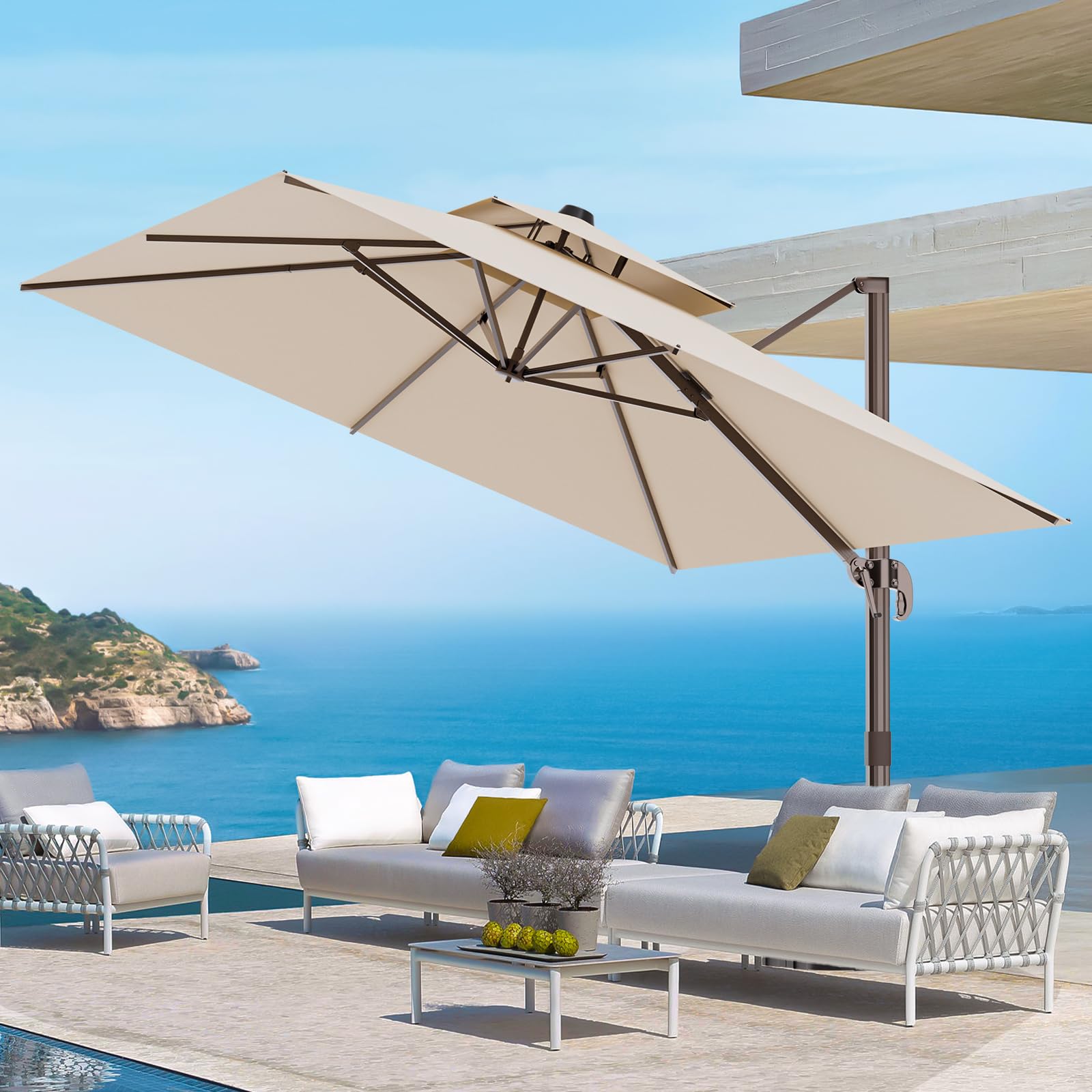 ORYNTREX 9' X 12' Cantilever Outdoor Patio Umbrellas Double Top Large Rectangle Umbrella Heavy Duty 360°Rotation Offset Umbrella for Garden Deck Pool Patio,Beige