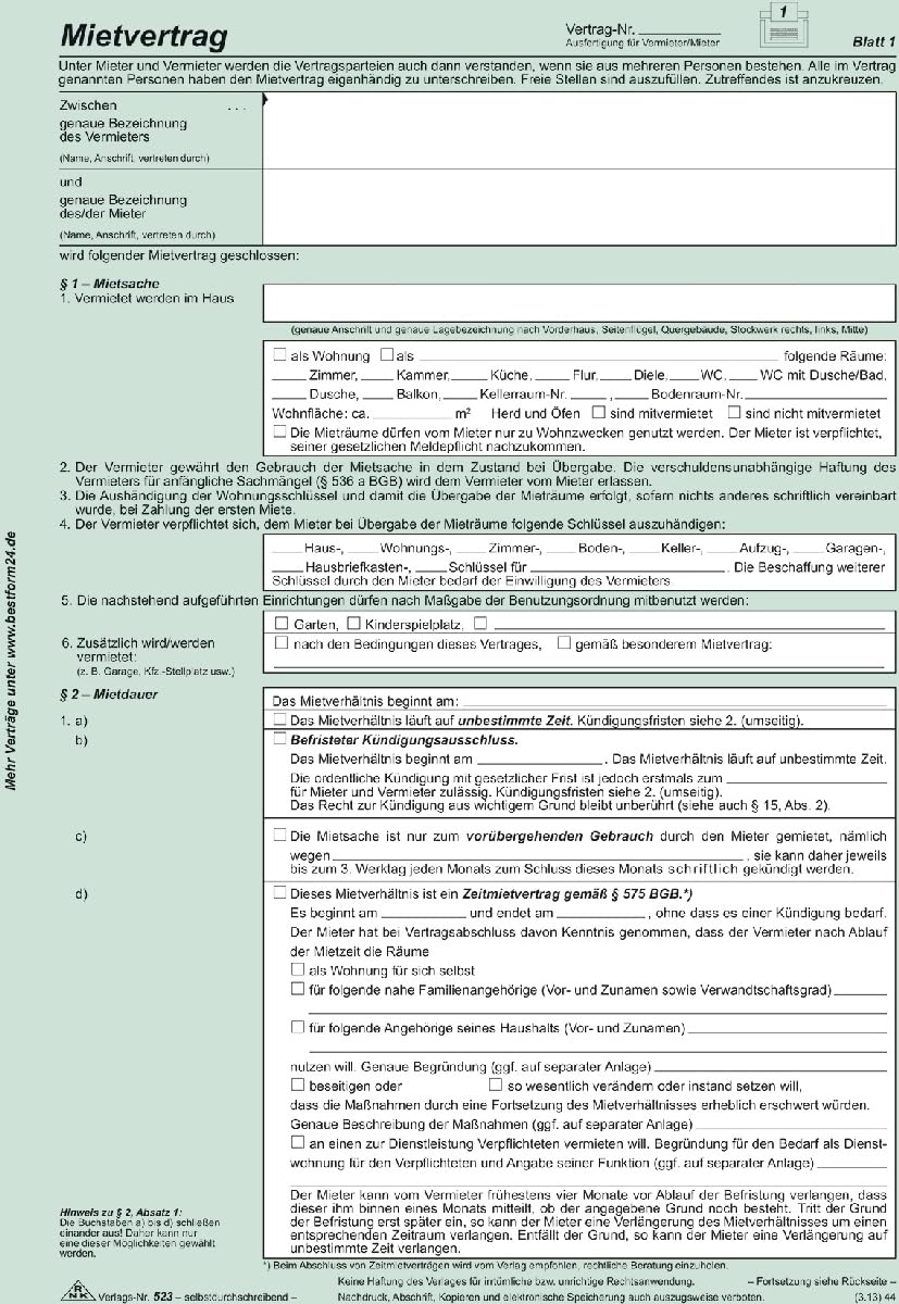 RNK Universal-Mietvertrag für Wohnungen SD 3x2 Blatt VE=10 Stück