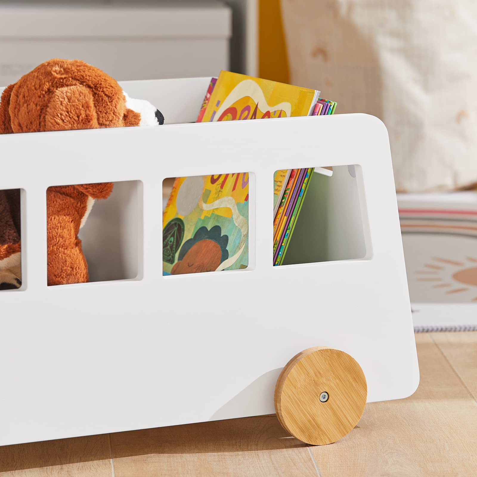 SoBuy KMB41-W Caja Baúl de Almacenamiento para Juguetes con Ruedas Organizador de Juguetes y Libros con 2 Secciones 68 x 43 x 33 cm ES