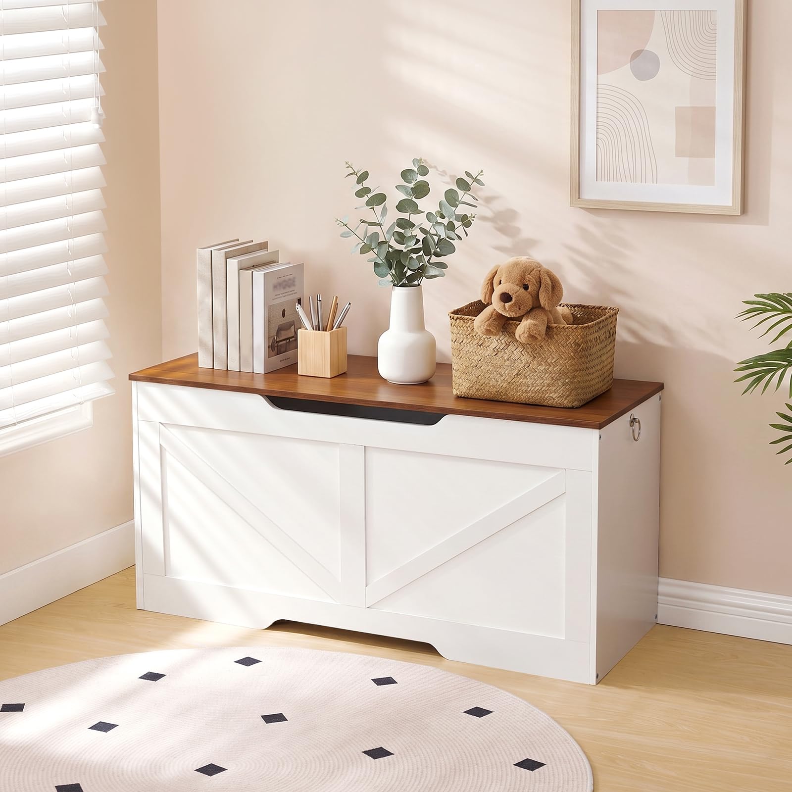 HOOBRO Baúles con Espacio de Almacenamiento, Caja de Juguetes con Tapa, Banco de baúl, Caja de Almacenamiento, 2 Anillas, 100 cm, Resistente, Estable, para niños, Pasillo, Blanco y Nogal EWH771CW01G1