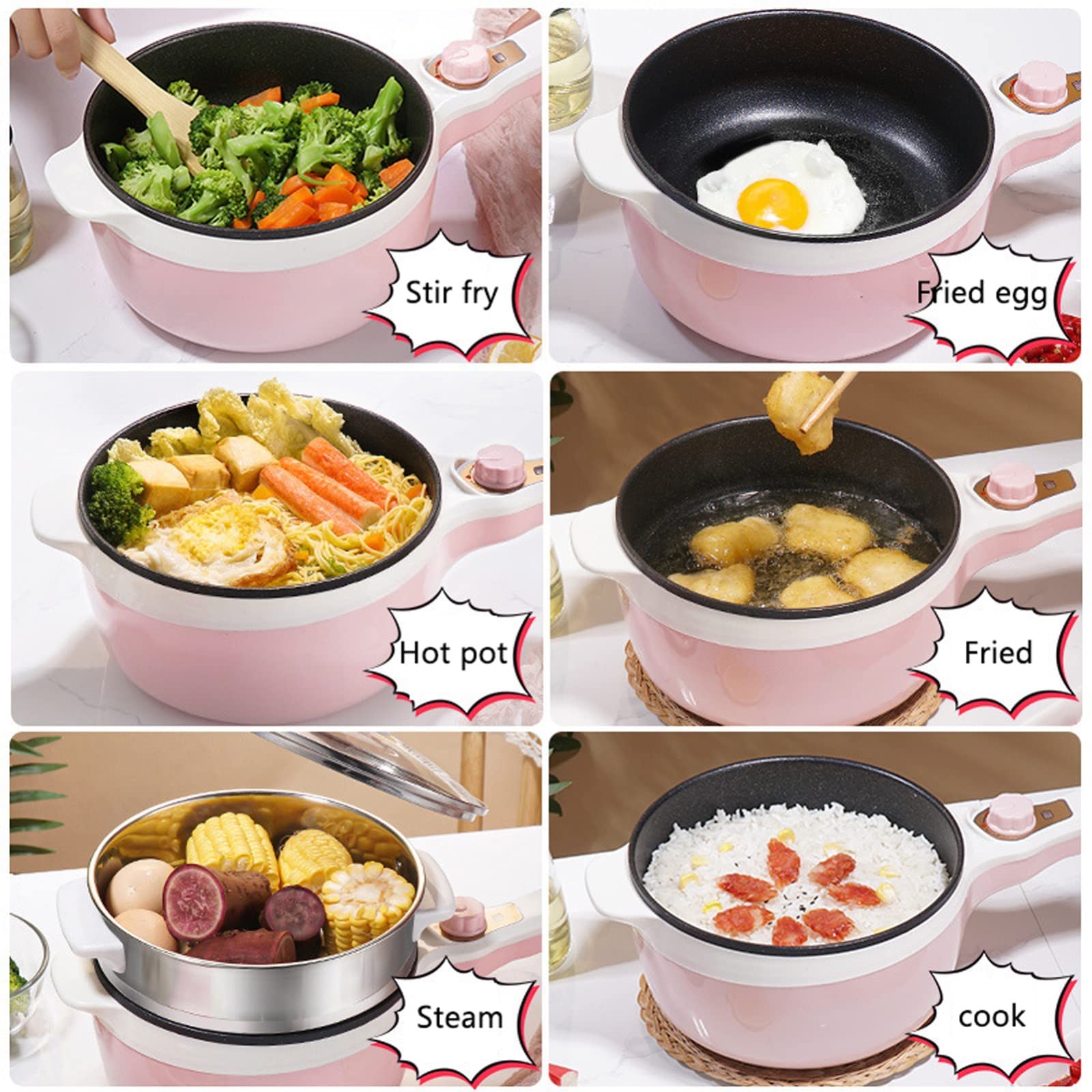 Elektrische Hot Pot pan, 1,7 l, draagbare mini anti-aanbaklaag, multifunctionele kleine elektrische kookpan met antiaanbaklaag voor soep, ramen, pasta, eieren, knoedels (groen, met stoompan