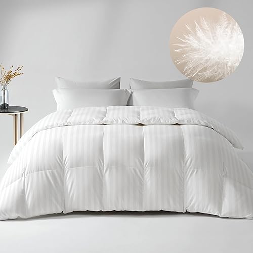 Down Feather Comforter Queen Size - All Season Hotel Duvet Insert, Medium Warmth Ultra-Soft 750 Fill Power Fluffy Premium Comforter with 8 Corner Tabs, Stripe Pattern Cotton Blend Cover