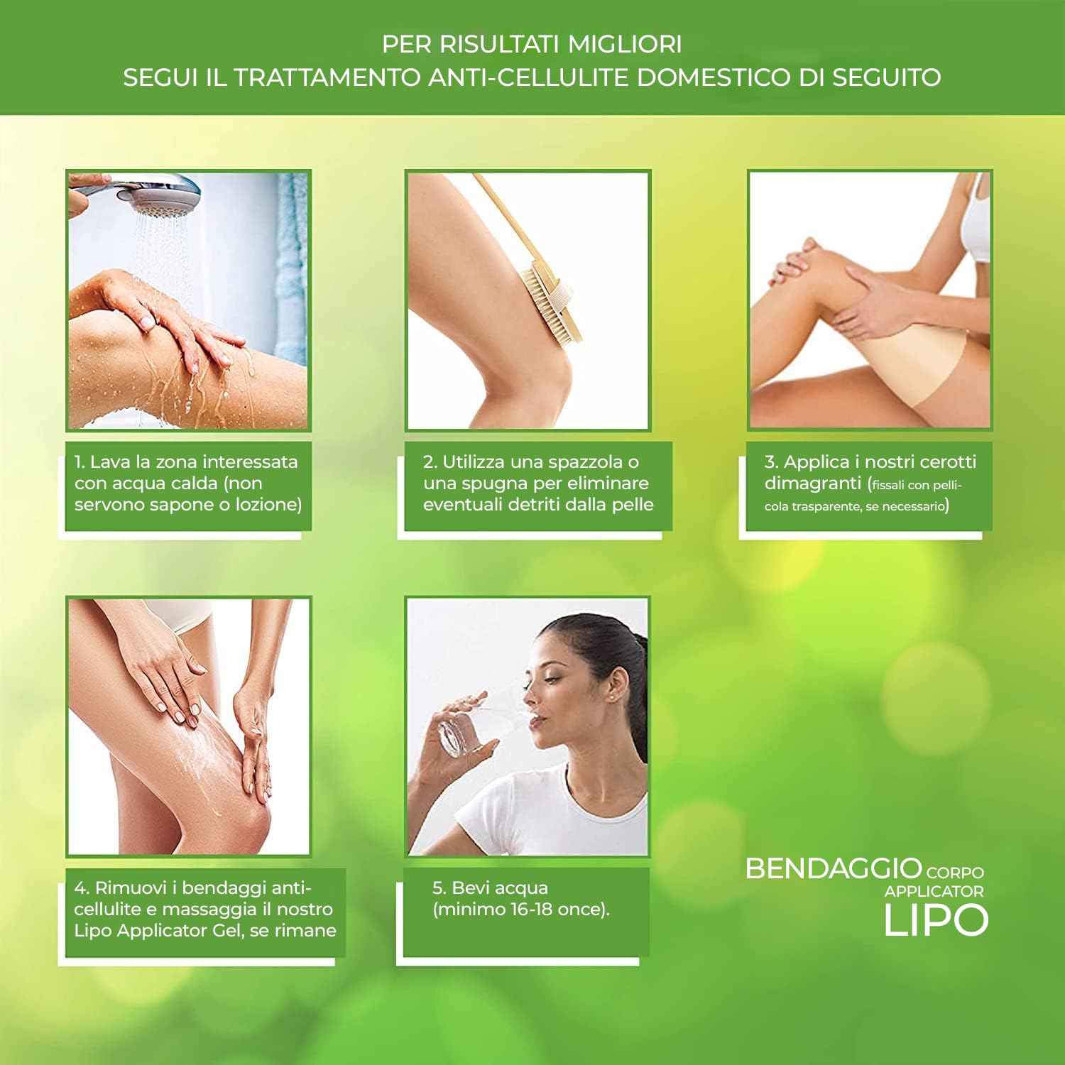 Impacco Corpo Cerotti Rassodante - Bendaggi al Tè Verde, Guaranà e Alghe | Bendaggi Anticellulite per Rassodare e Modellare Pancia, Vita, Gambe, Braccia e Stomaco (6 WRAPS)