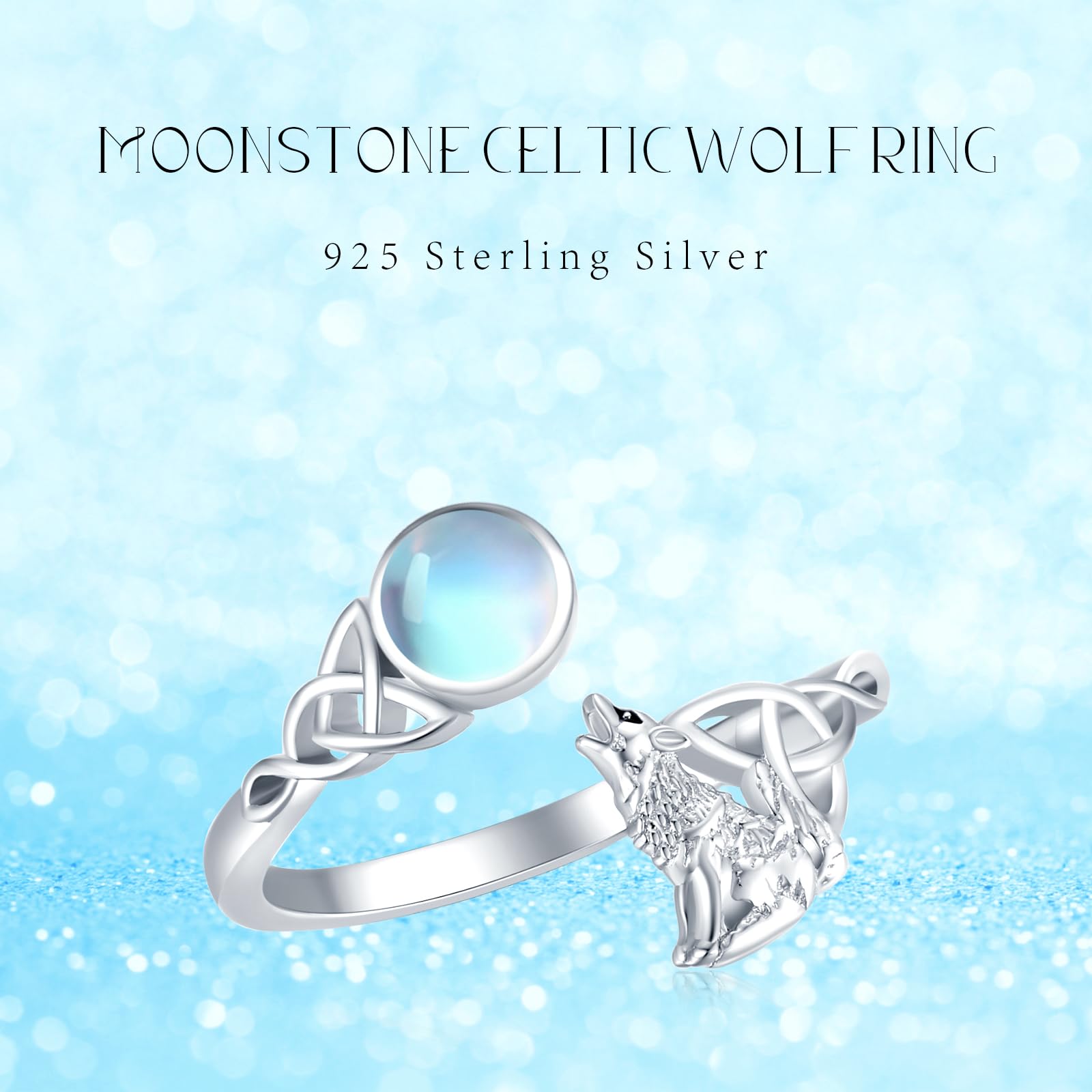 Wolfs 925 Sterling Silber Celtic Knot Mondstein Ring - Verstellbar, Tier-Design - Geschenk für Valentinstag, Schmuck für Damen