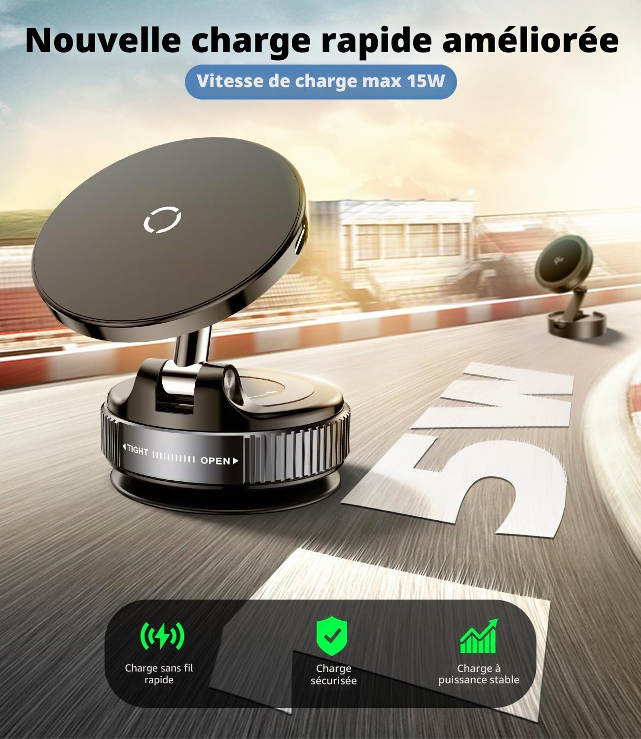 15W Support Telephone Voiture Induction [Ventouse Vide] [Pliable & Réglable 360°] Porte Téléphone Voiture Chargeur sans Fil Rapide pour MagSafe iPhone 17/16/15/14/13/12 séries