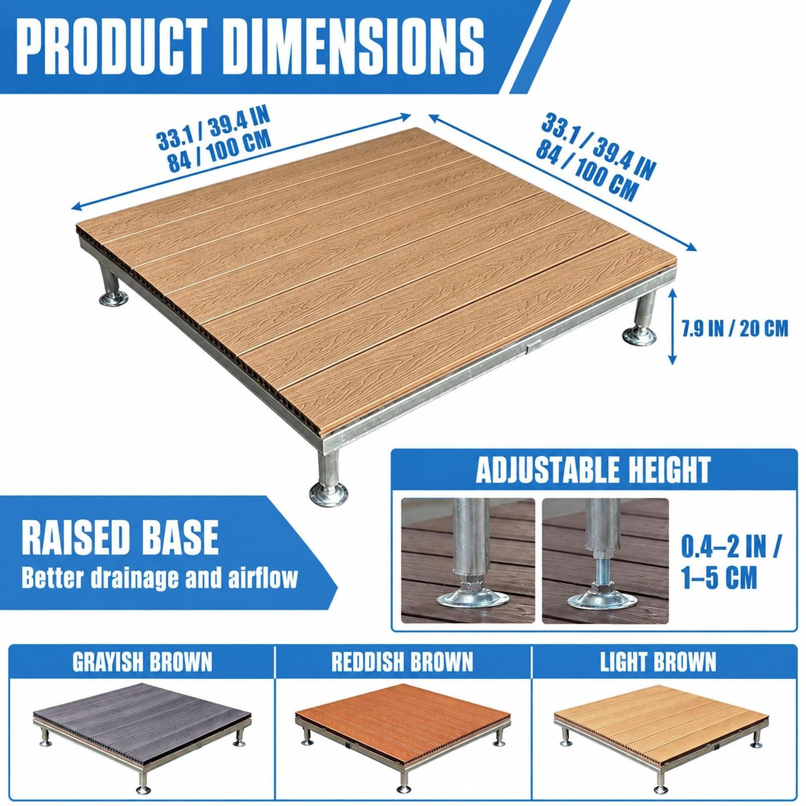 Piattaforma rialzata in legno composito impermeabile fai-da-te per patio | Portatile da giardino resistente, Modulare regolabile ad incastro per esterni per giardino, prato(Reddish brown,100cm/39.4in)