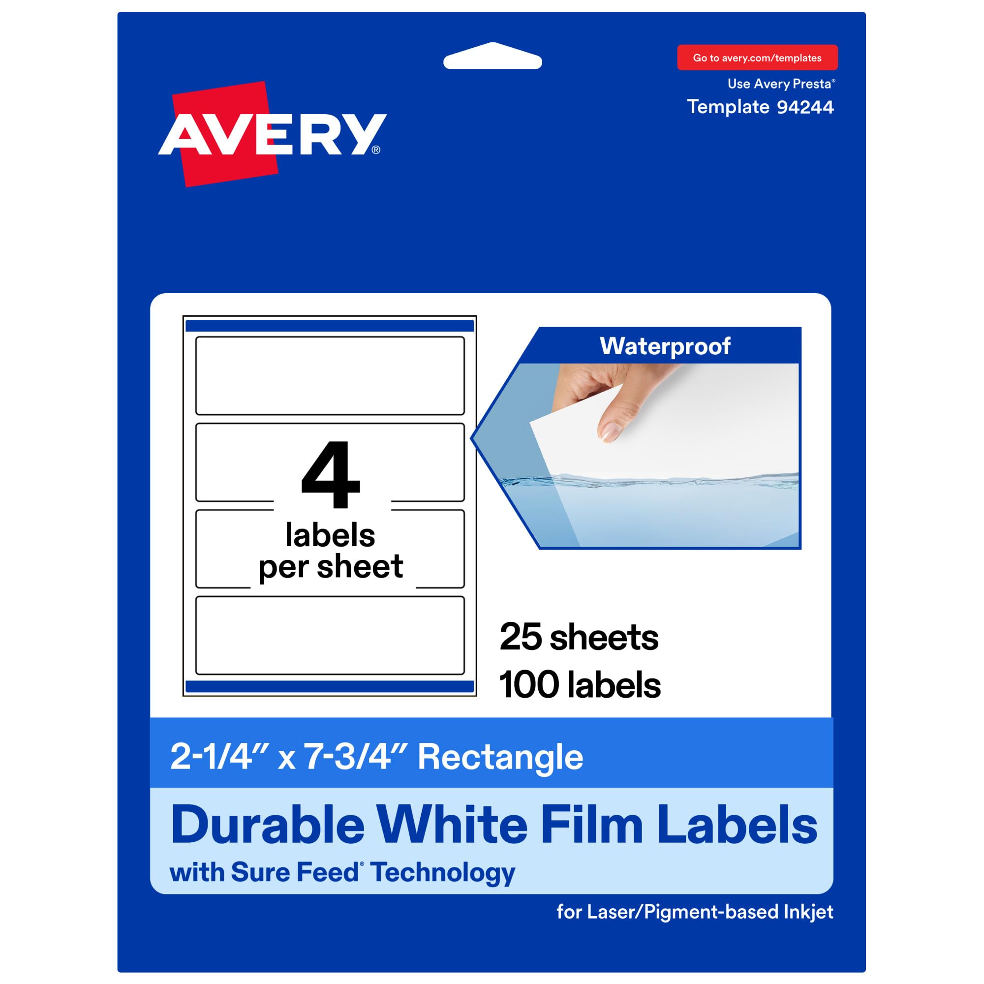 Avery Printable Durable White Rectangle Labels, Sure Feed Technology, 2.25" x 7.75", Print-to-the-Edge, Waterproof Labels, Laser & Pigment-Based