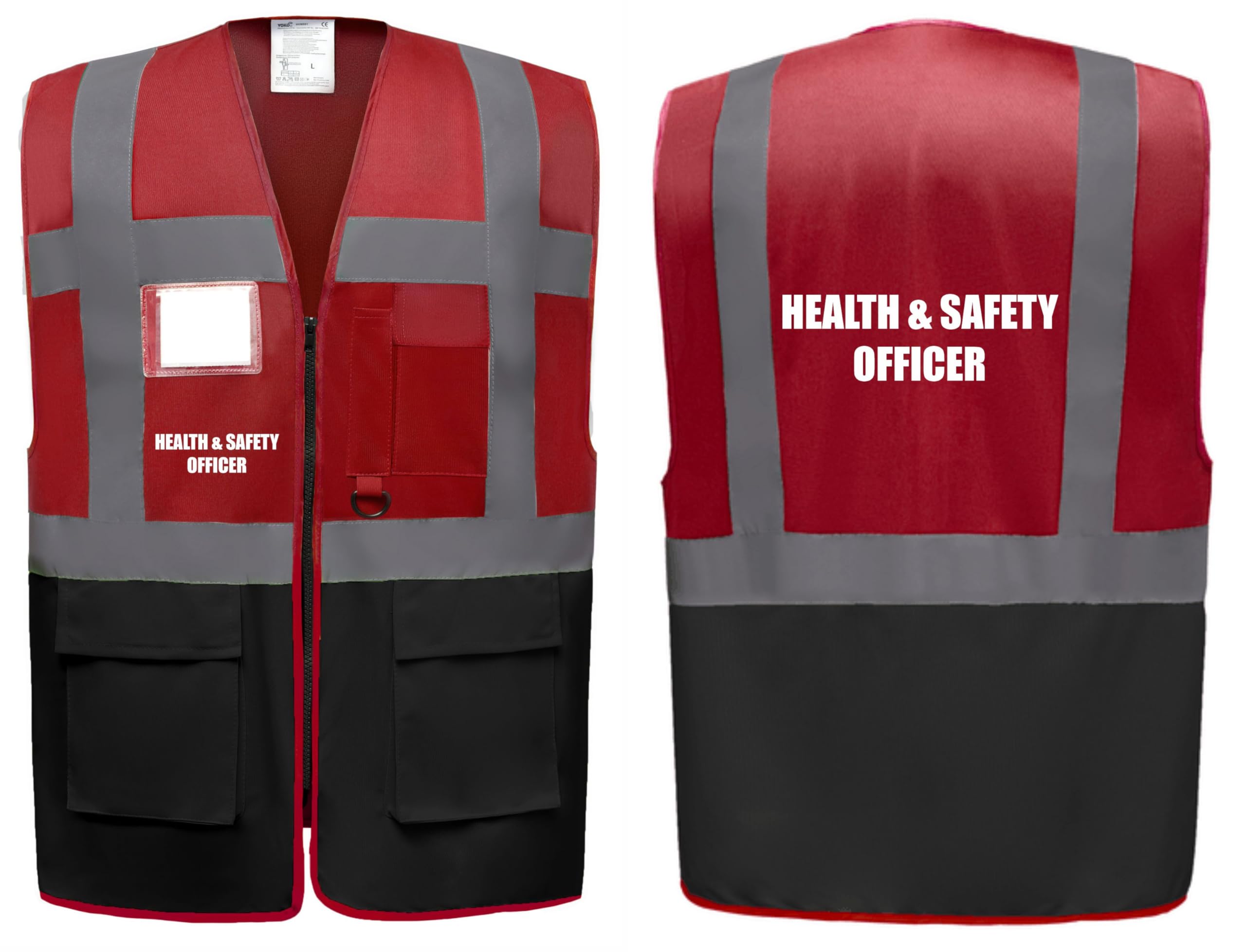 Health & Safety Officer Two Tone Zipped Hi Vis Vest High Visibility Safety Waistcoat Pockets Reflective Bands Event Staff, Event Support, 13 Colour Options Brook Hi Vis (Red/Black, Large)