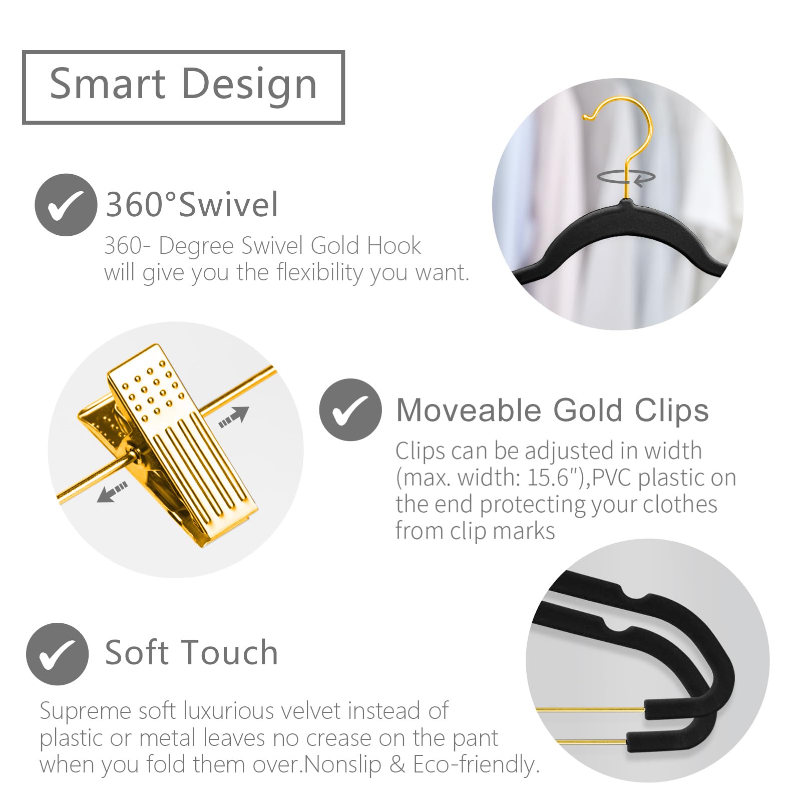 MIZGI Premium Kleiderbügel aus Samt mit verstellbaren Clips (30 Stück) schmale Rock-Kleiderbügel - rutschfeste Filz-Kleiderbügel schwarz - goldene Haken, platzsparende Hemd-Kleiderbügel