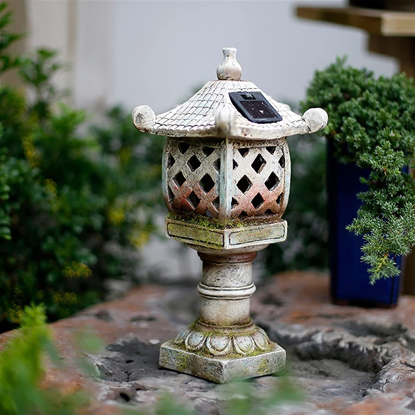 Solarny ogród japoński styl pagoda latarnia statuetka, zasilany energią słoneczną żywica rzeźba zewnętrzna lampa ogrodowa, na patio, trawnik, 30 cm wys