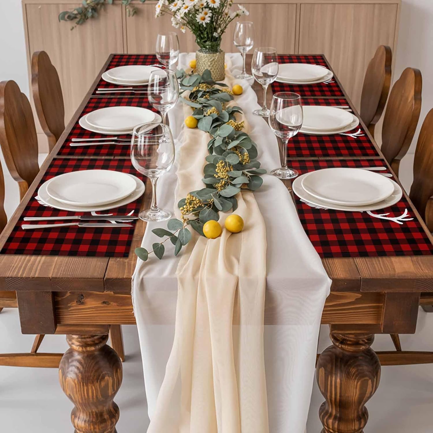Placemats for Dining Table Set of 6 Red and Black Buffalo Plaid White Xmas Elk Table Mats for Home Kitchen Restaurant Christmas Party Decoration,Washable