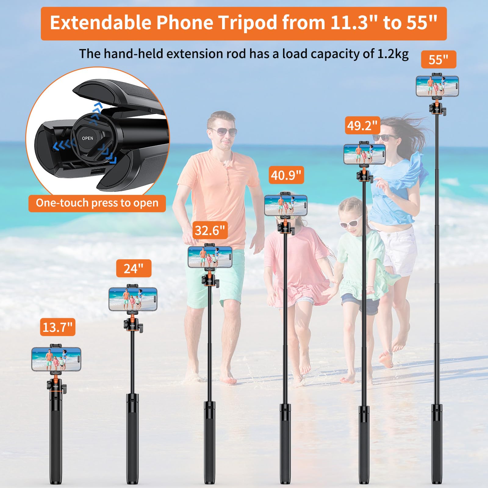 VRIG TP16 - Trípode de cámara extensible de 55 pulgadas, soporte de trípode para cámara selfie con clip de teléfono 2 en 1, ajuste de 5 niveles, cabezal de bola de 360° para iPhone, Sony, Canon