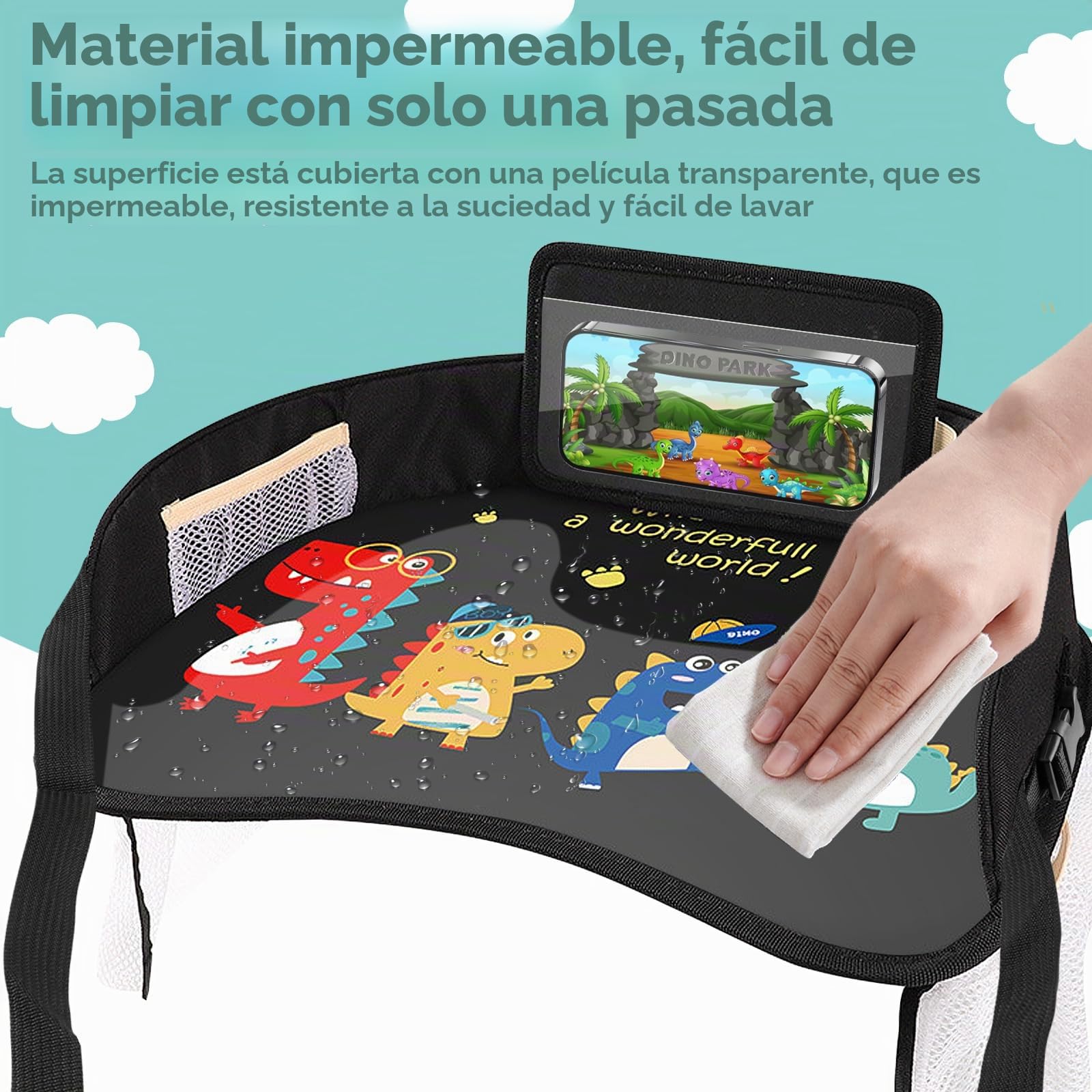 Bandeja para las Rodillas para Niños, Mesa de Viaje, Asiento de Coche Con Bolsillos de Red, para Juego y Comedor