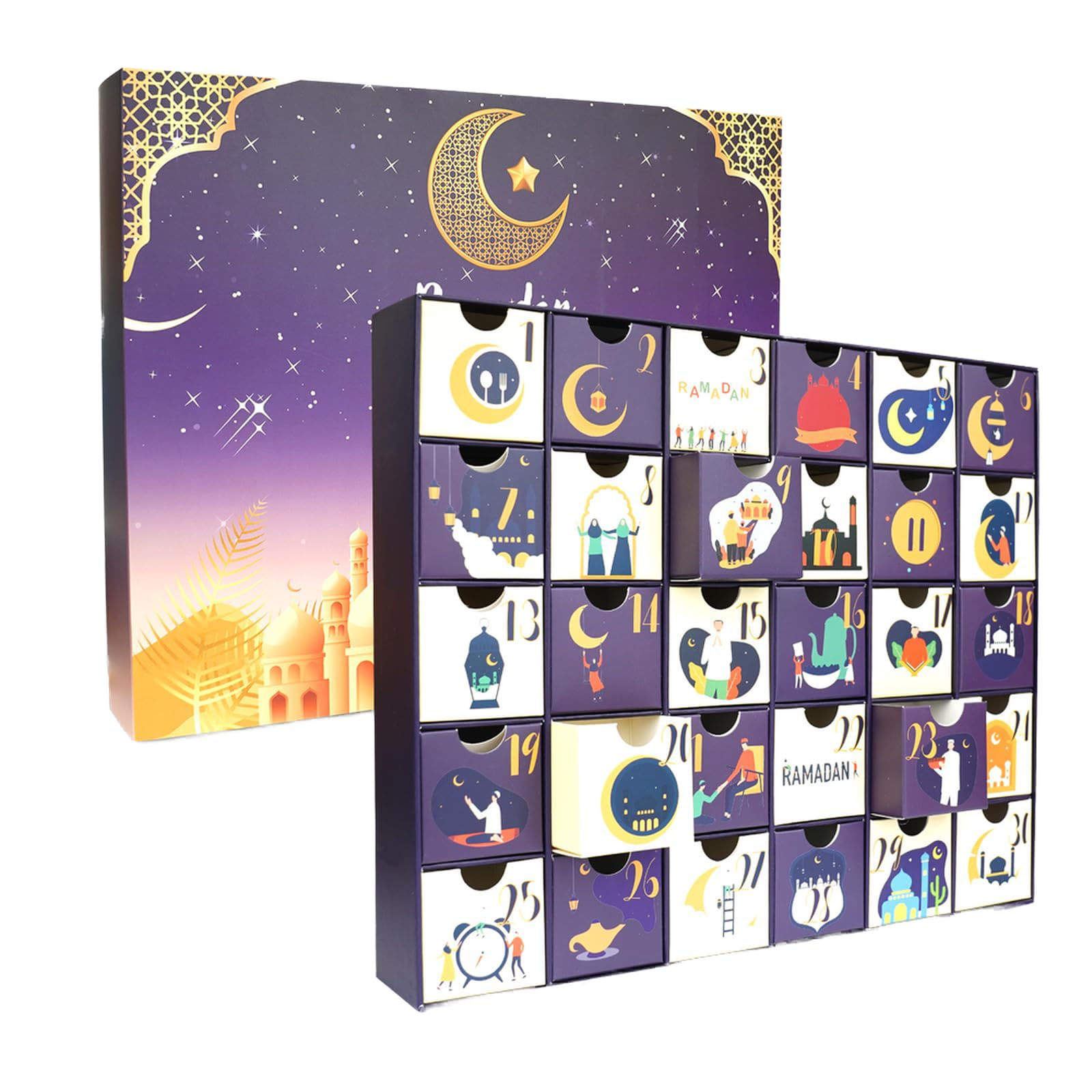 Ramadan Calendar,Ramadan Advent Calendar with 30 Countdown Drawers DIY filling,Pre-Assembled Box For Ramadan Decorations, Engage your Kids with a beautiful Ramadan gift & Eid gift for kids (Purple)