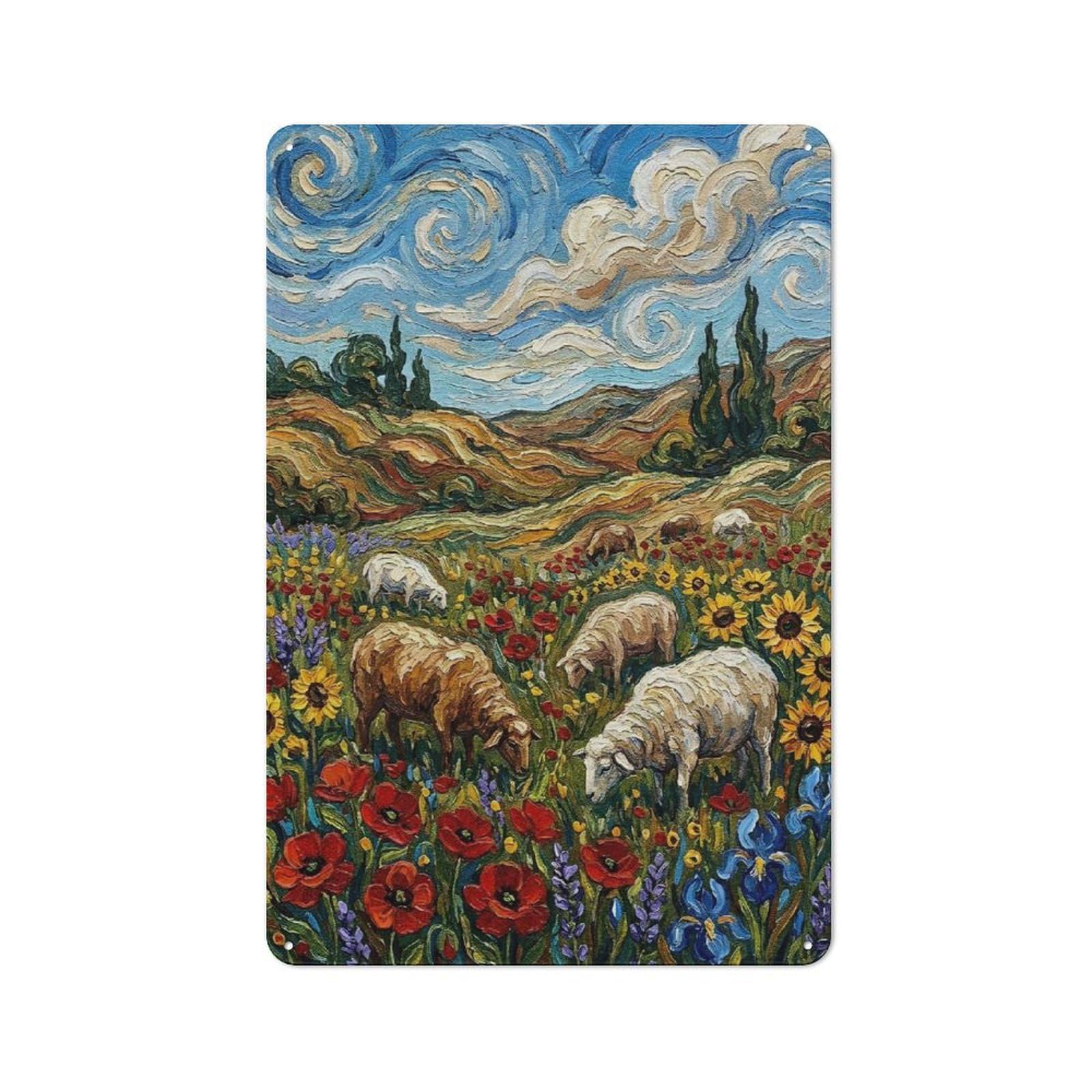 Junmoney Style-9 Urban Sheep Grazing In A Field Of Flowers Decorative Metal Plaque 30X20cm, Urban Room Decor For Flat, Bar, Studio Or Gallery Wall